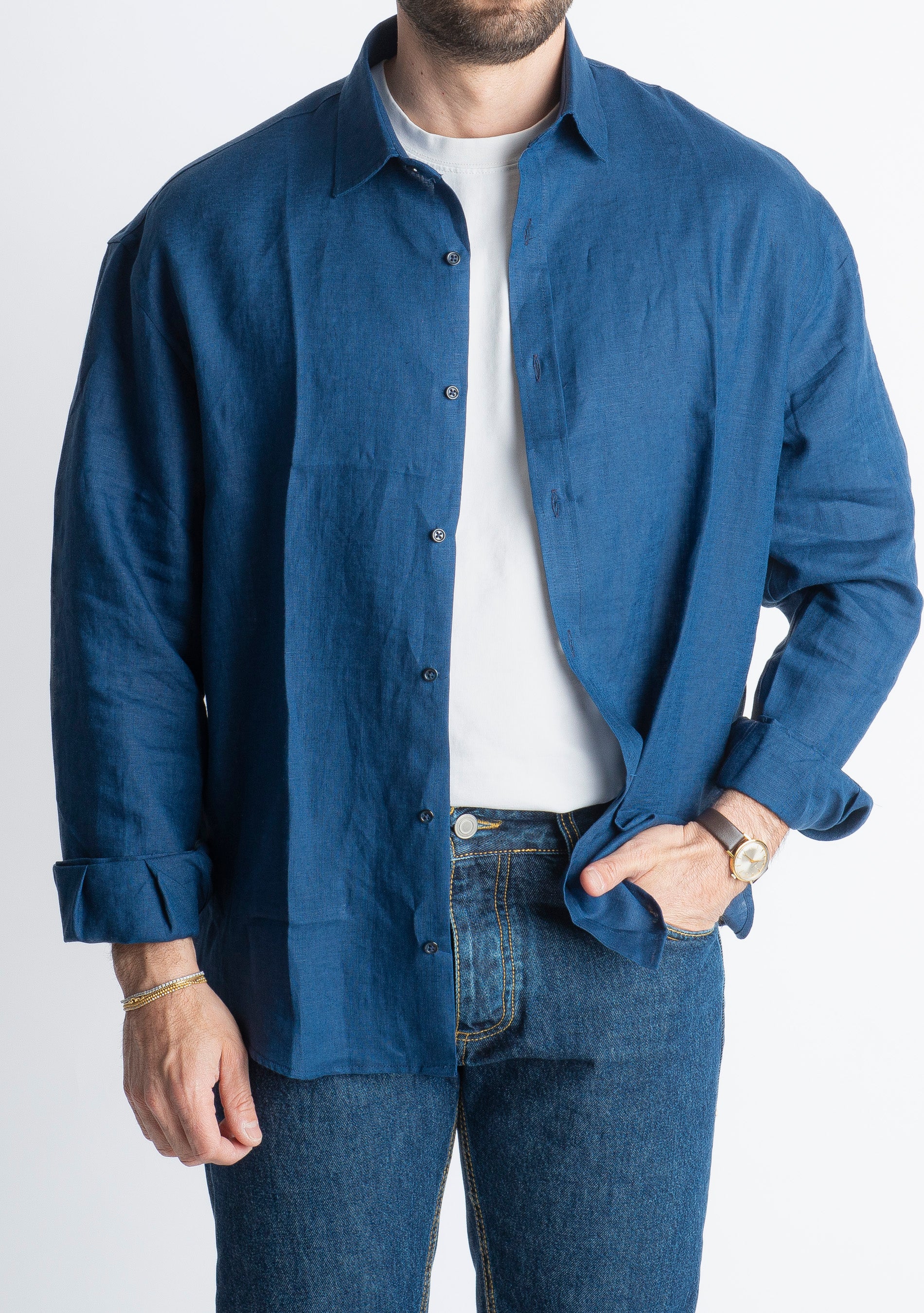 Camicia 100% Lino Irlandese Over Blu