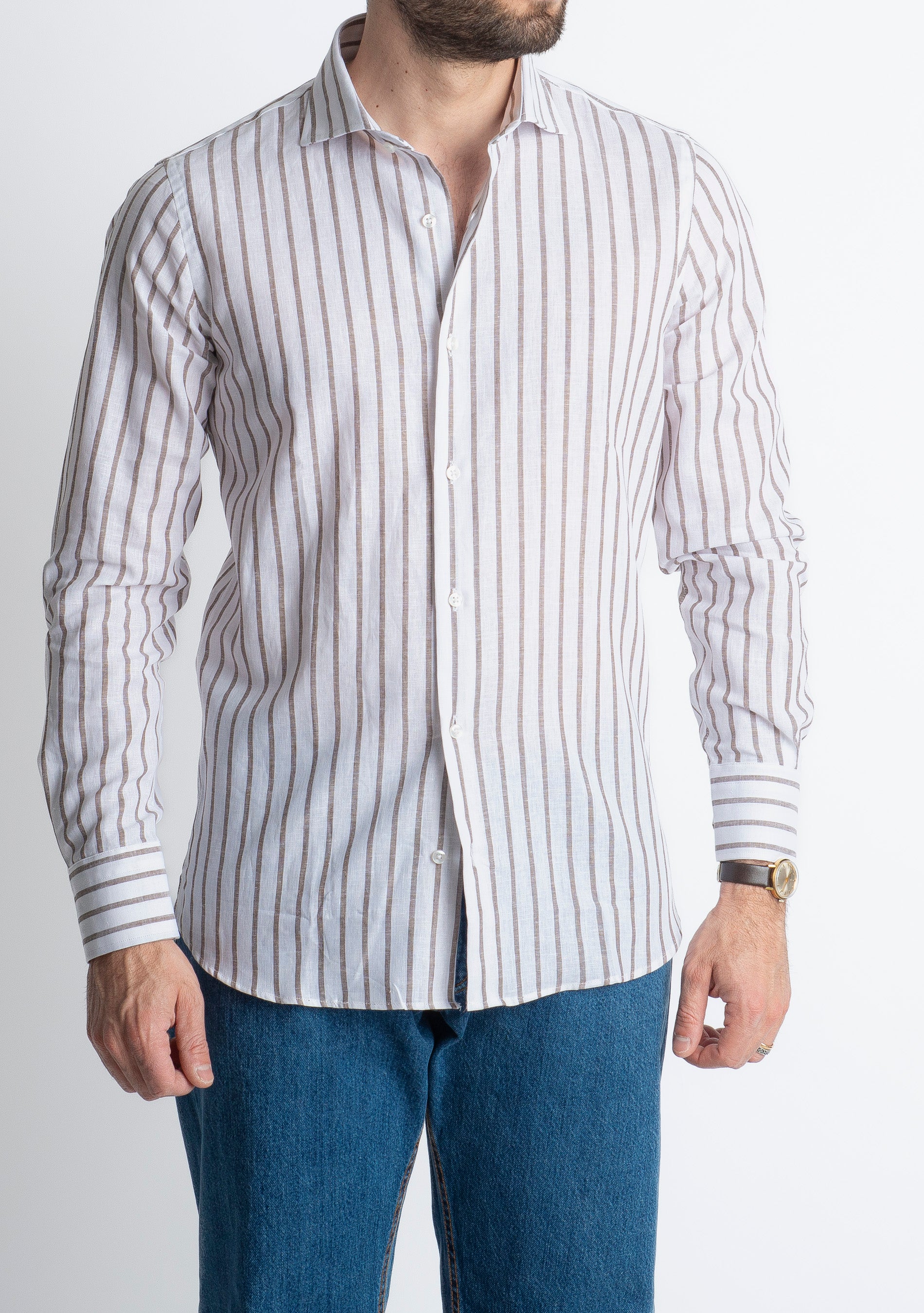 Camicia Uomo Lino Rigata 01 Marrone
