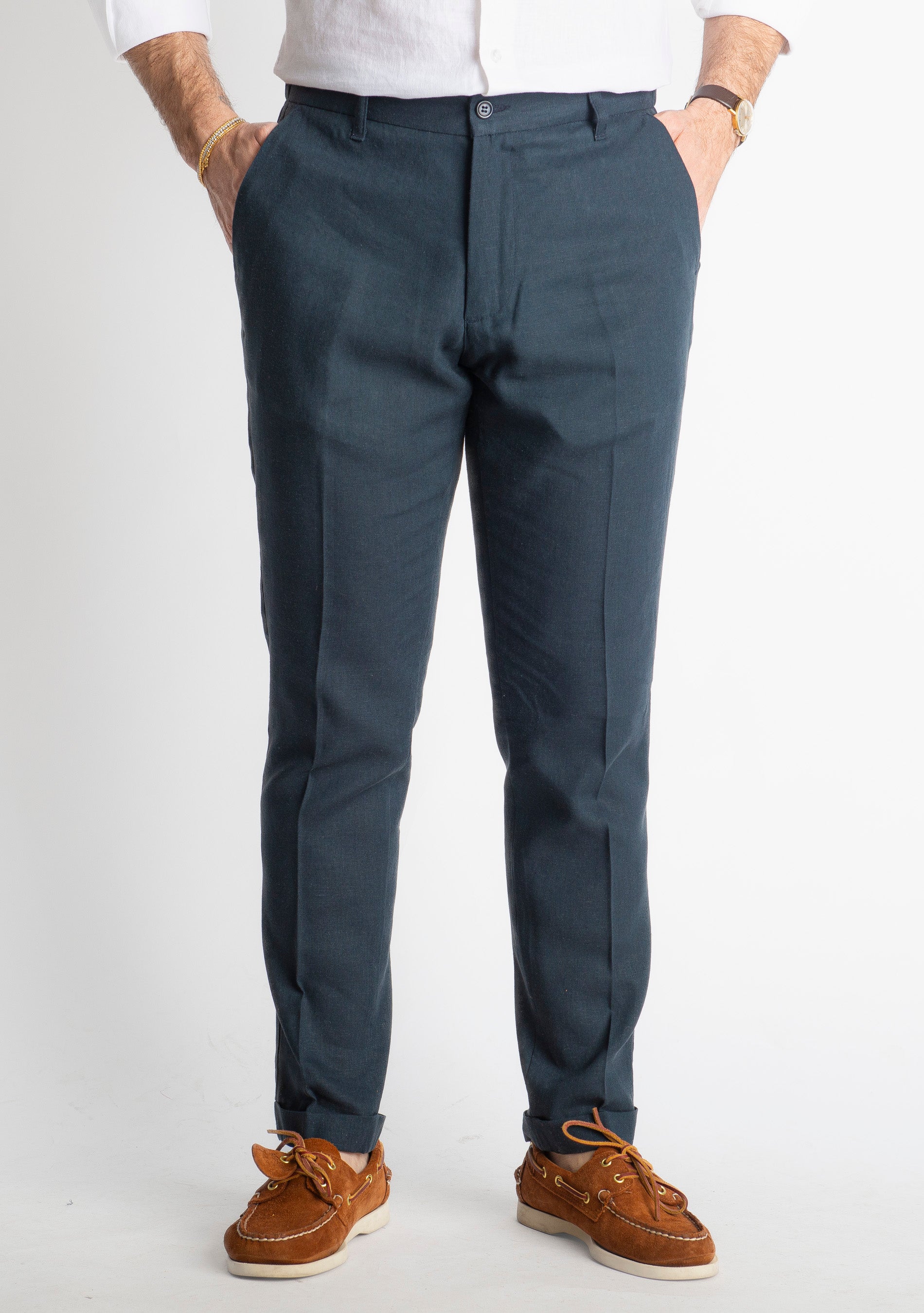 Pantalone in Lino con Elastico TO8007 Blu