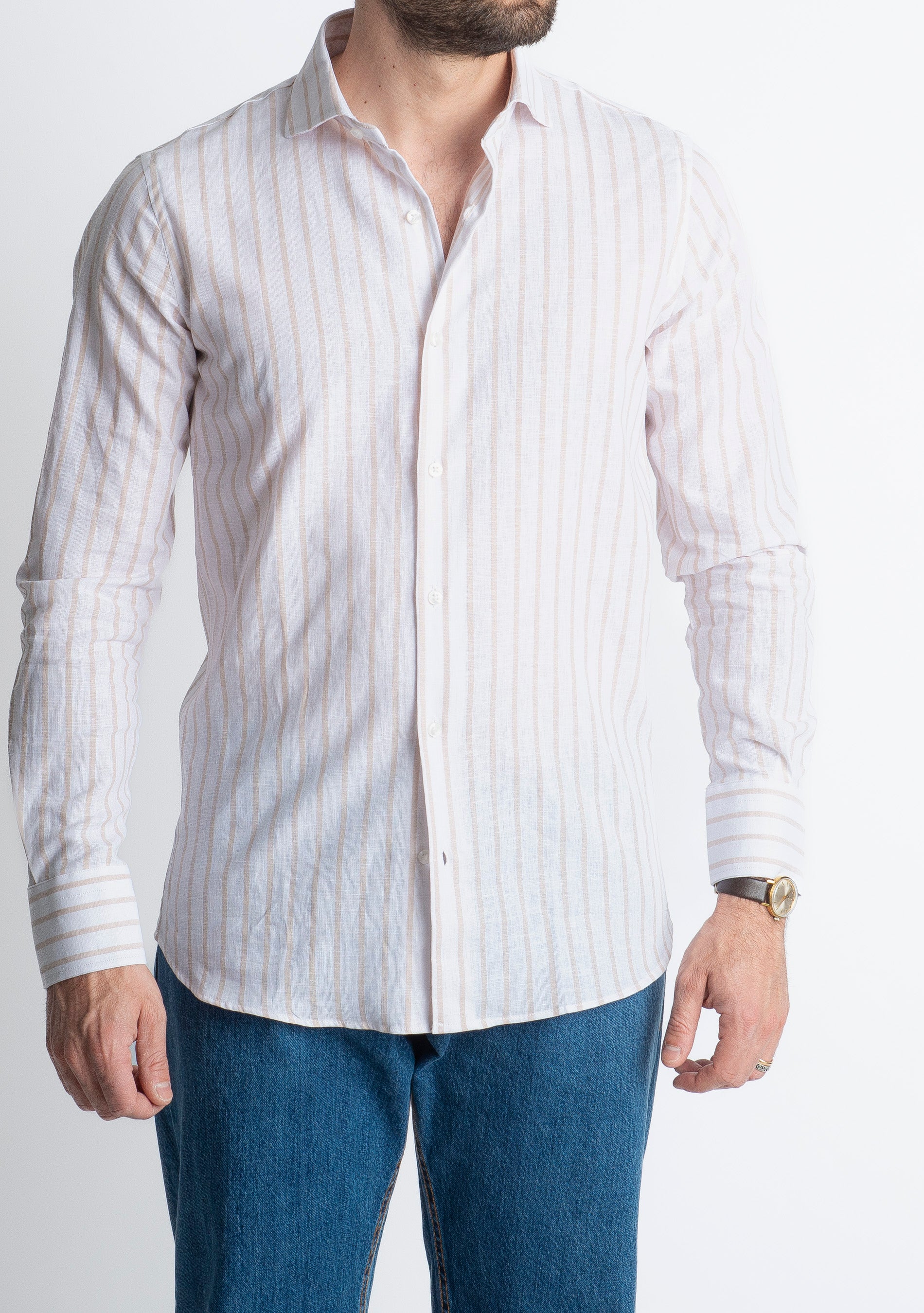 Camicia Uomo Lino Rigata 01 Beige