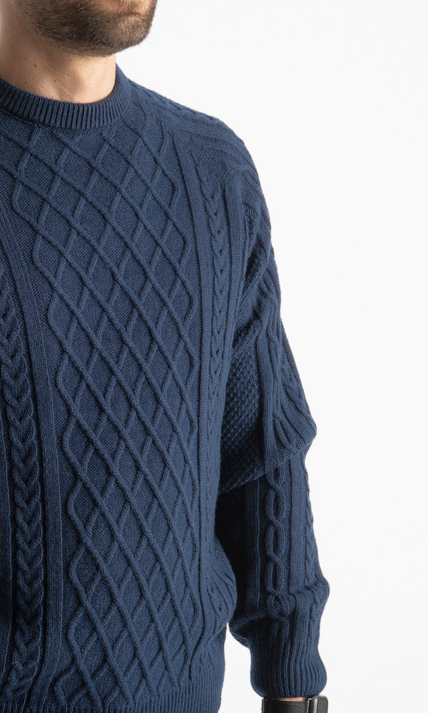 Maglione In Lana Con Treccia Blu