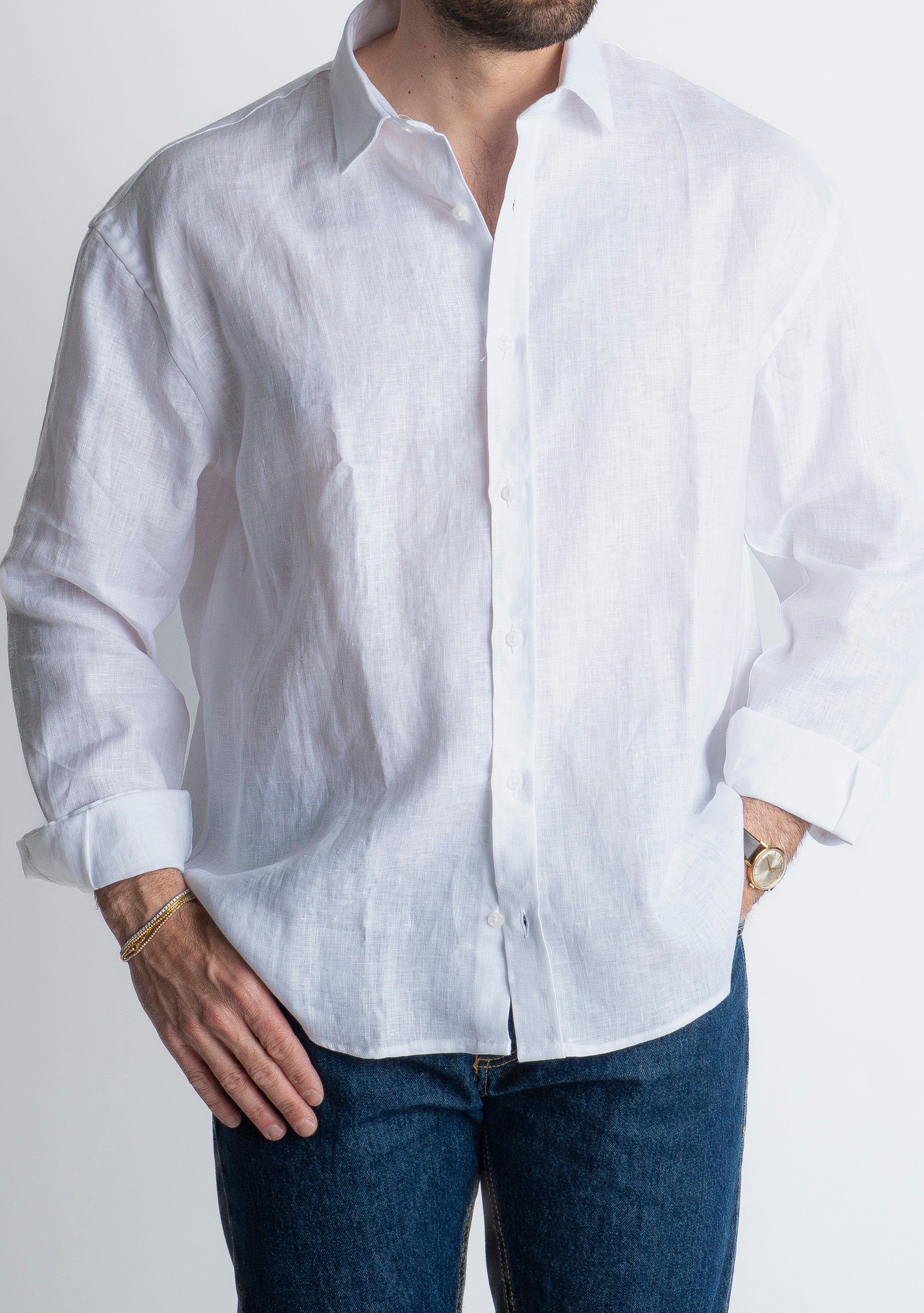 Camicia 100% Lino Irlandese Over Bianca