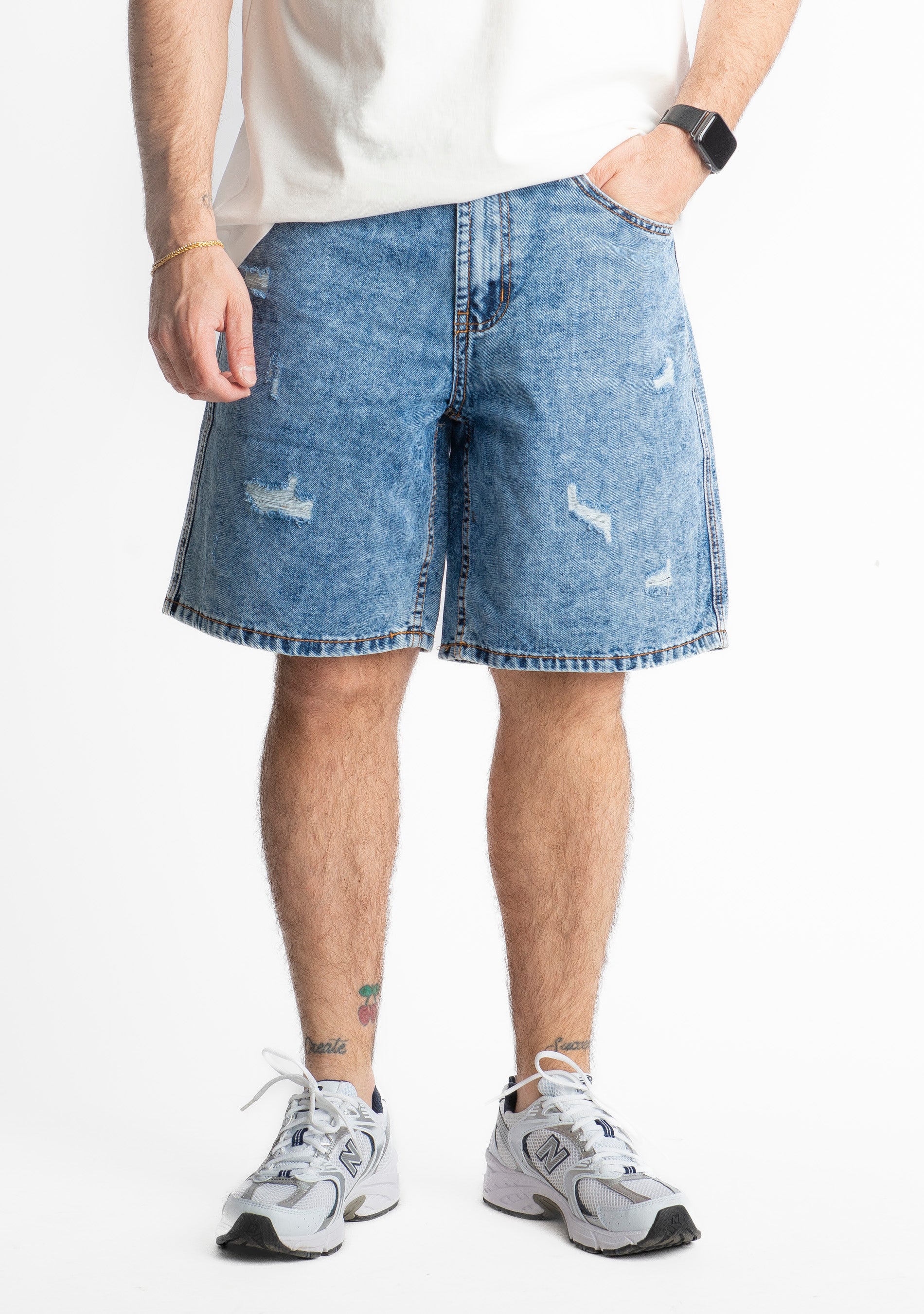 Bermuda Jeans Marmorizzato Blu Medio