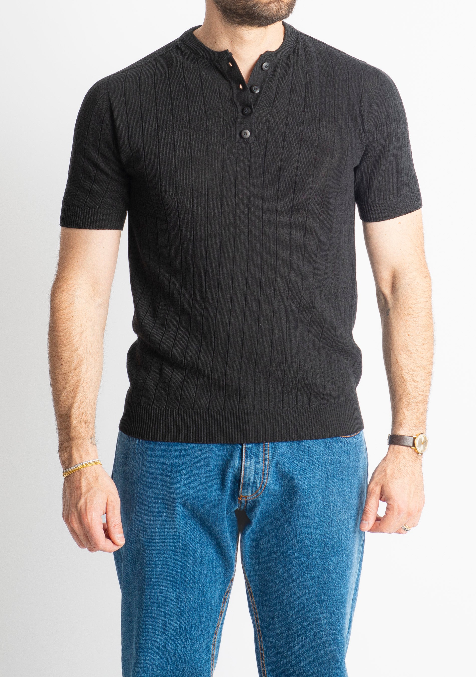 T-shirt Serafino In Filo A Coste Nera