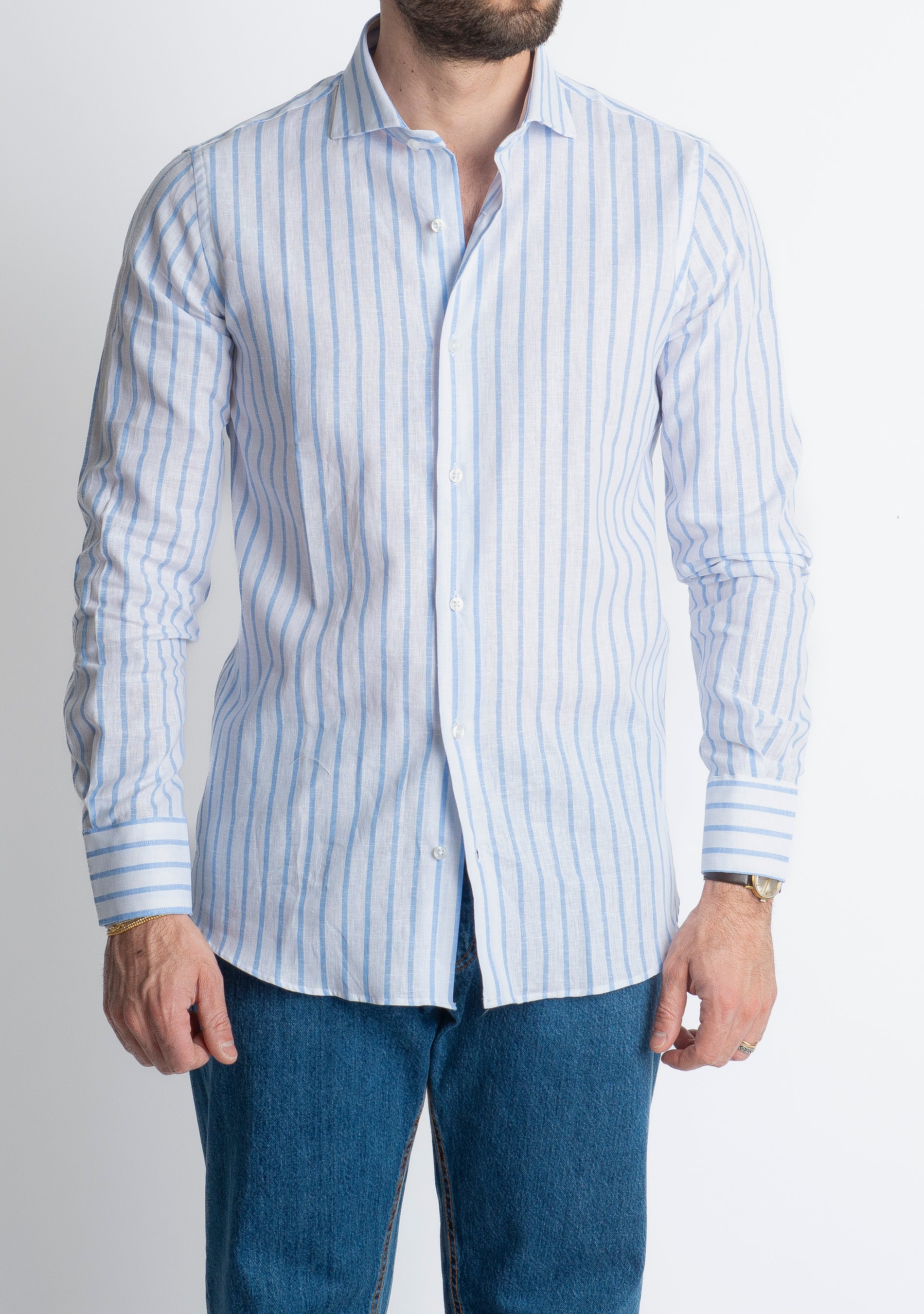 Camicia Uomo Lino Rigata 01 Celeste
