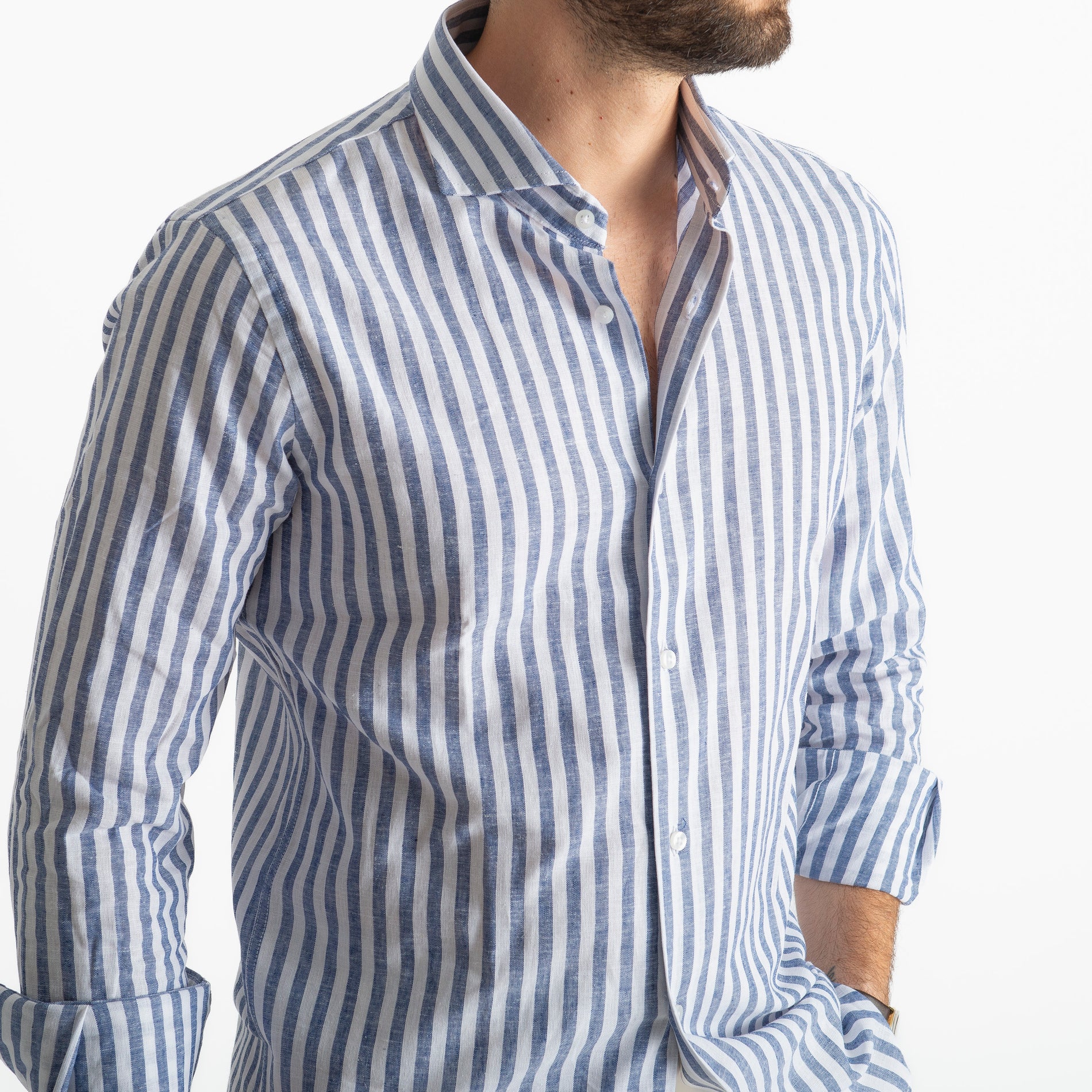 Camicia Uomo Lino Rigata 02 Blu Notte