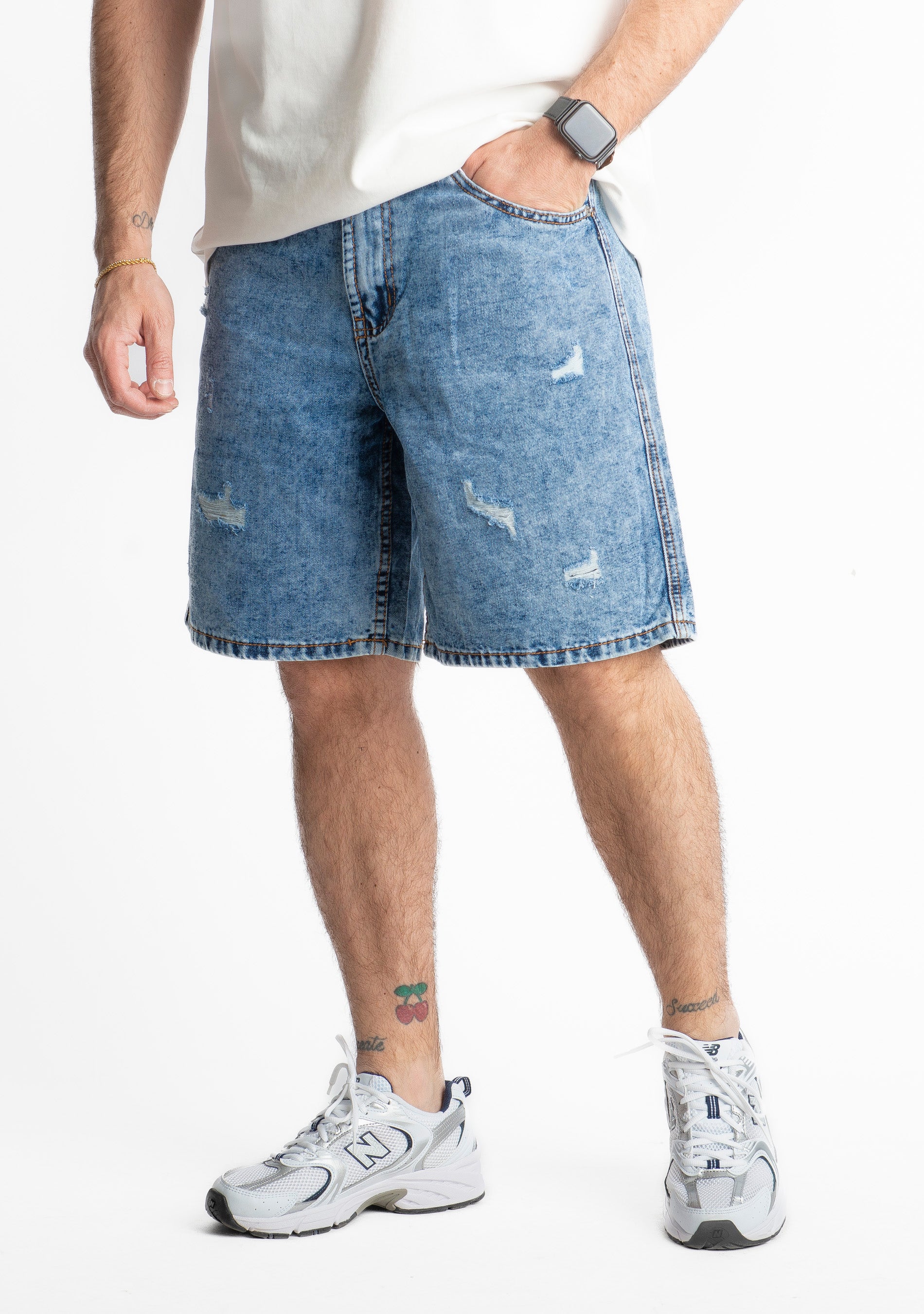 Bermuda Jeans Marmorizzato Blu Medio