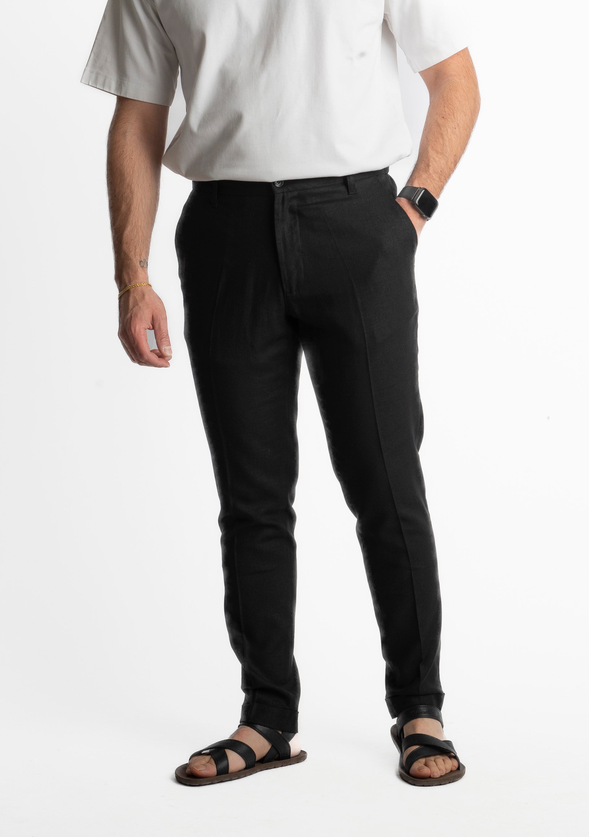 Pantalone in Lino con Elastico TO8007 Nero