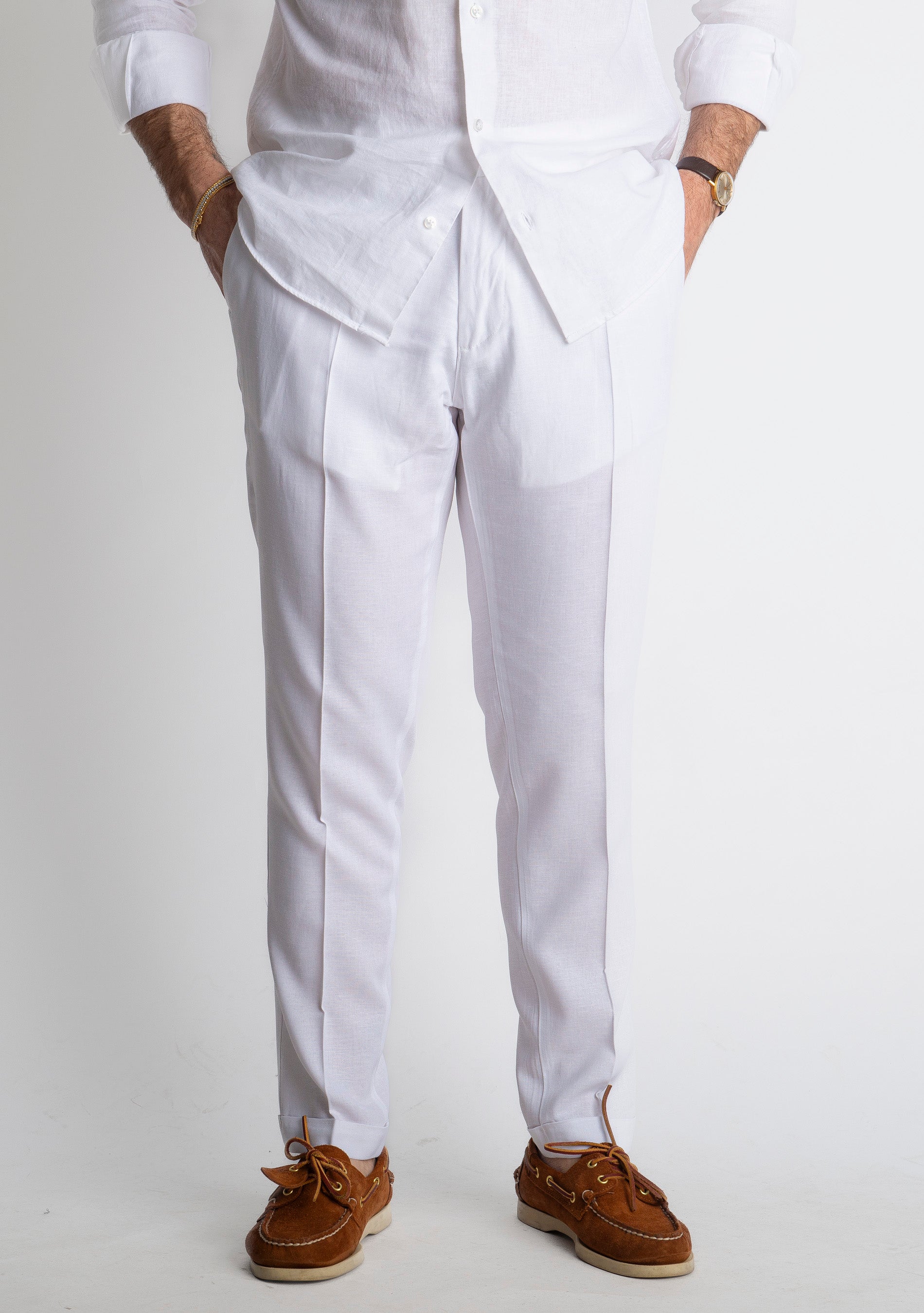 Pantalone in Lino con Elastico TO8007 Bianco
