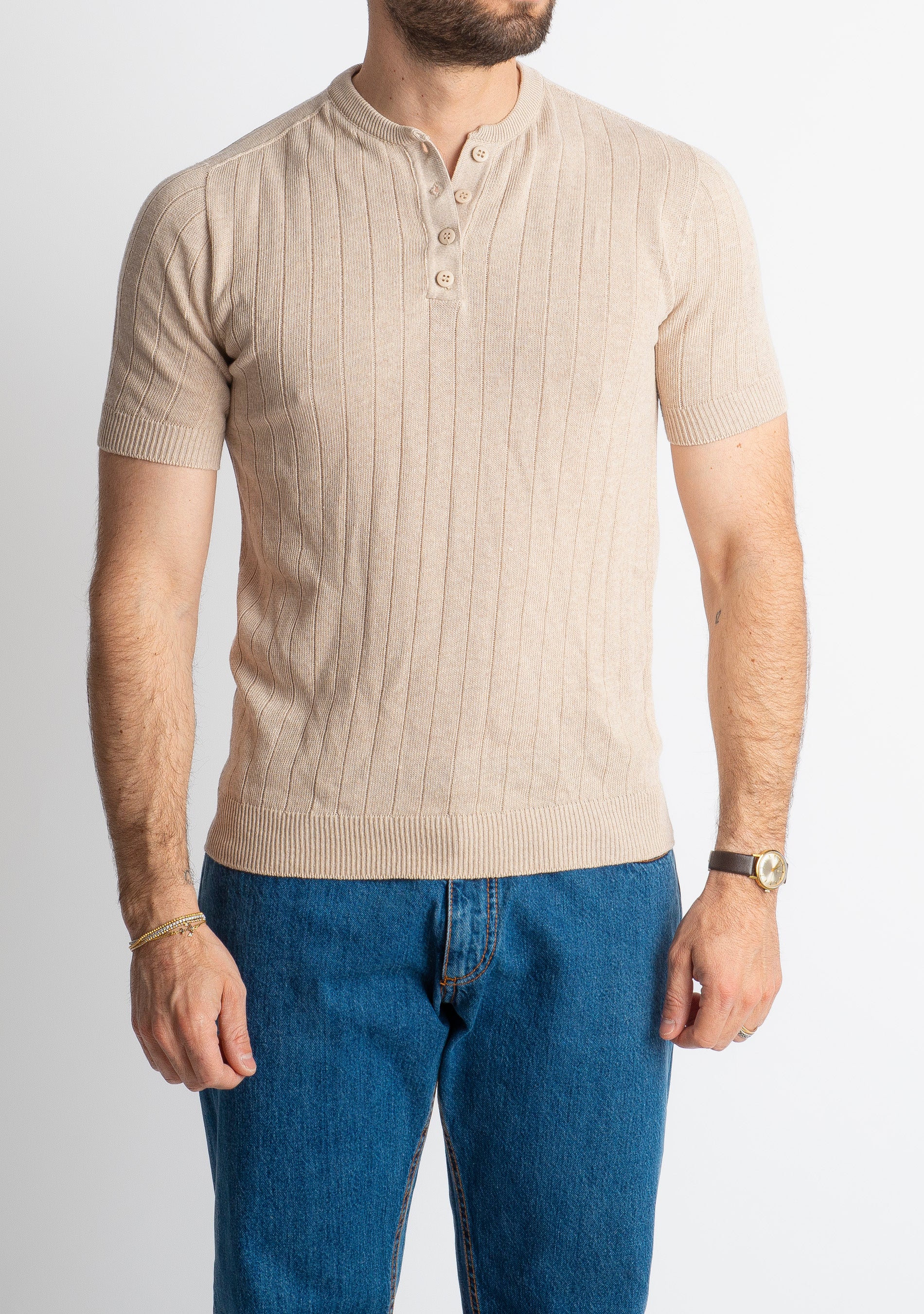 T-shirt Serafino In Filo A Coste Beige