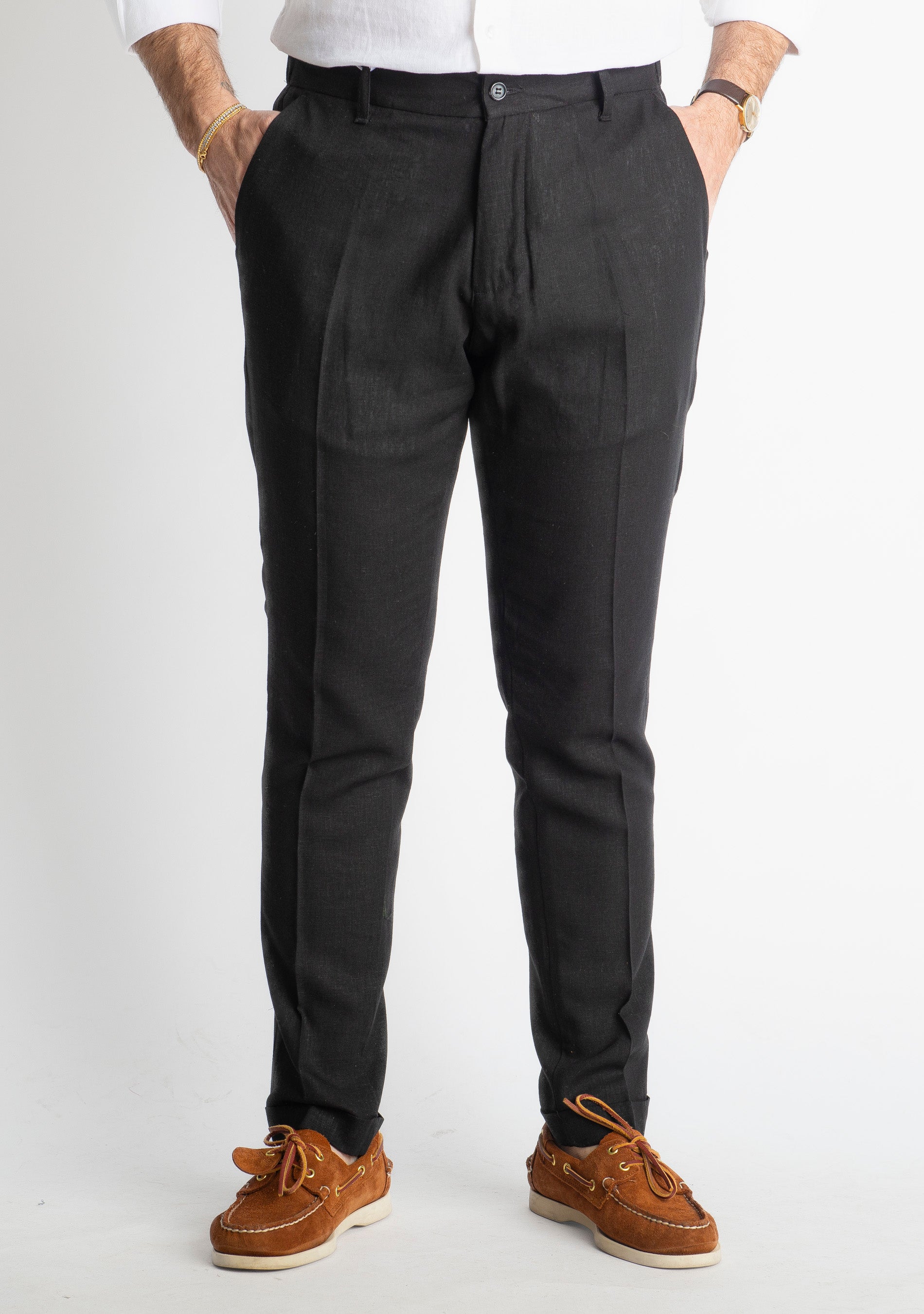 Pantalone in Lino con Elastico TO8007 Nero