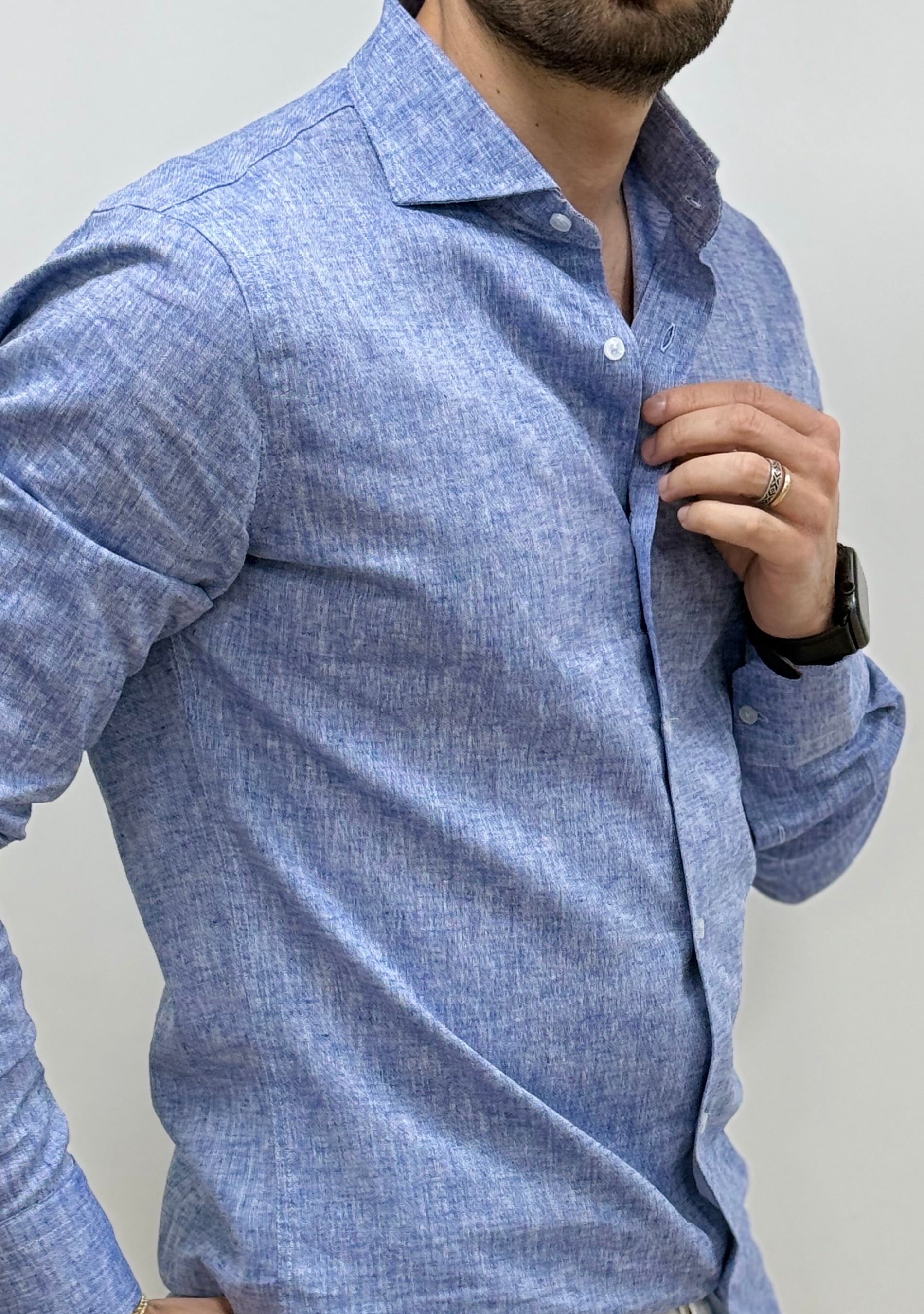 Camicia Uomo Lino Blu Medio