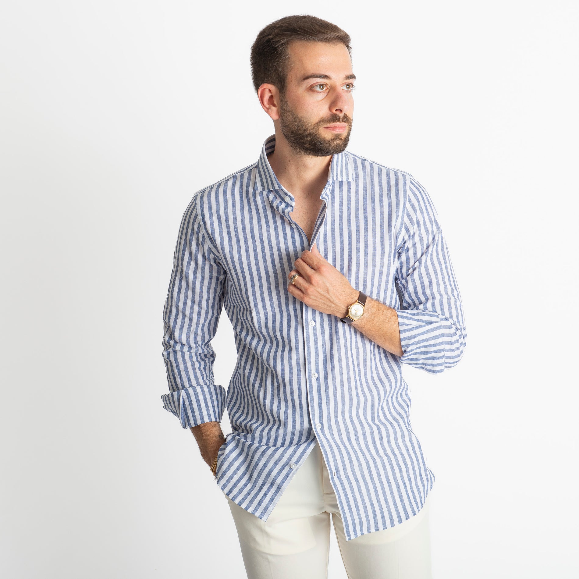 Camicia Uomo Lino Rigata 02 Blu Notte