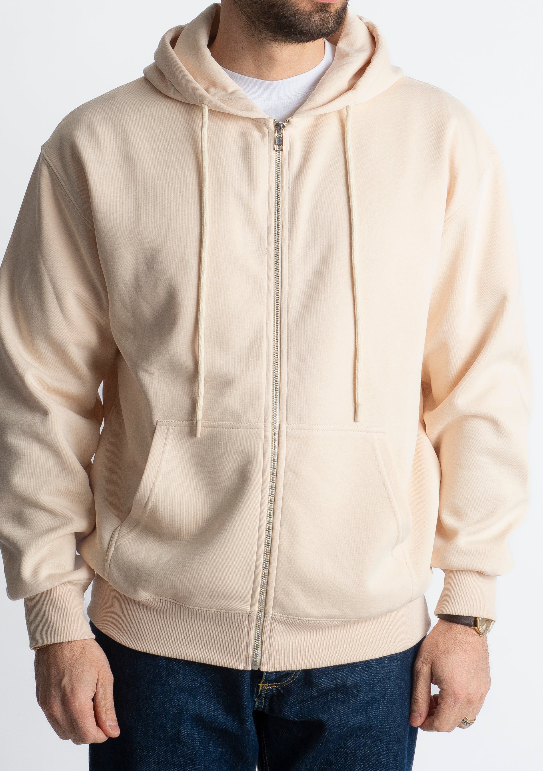 Felpa Basic Con Cappuccio e Cerniera Beige