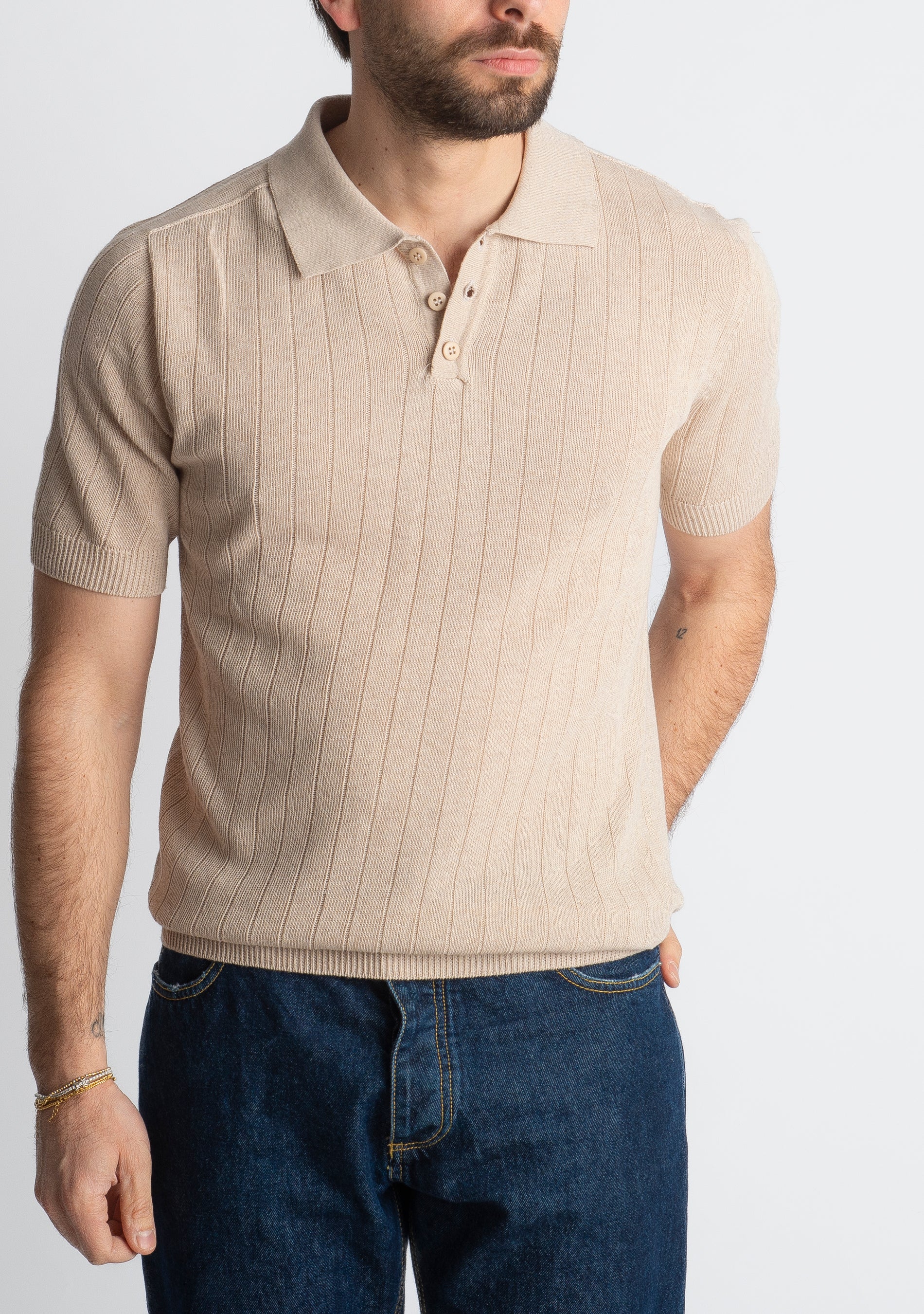 Polo In Filo A Coste Beige