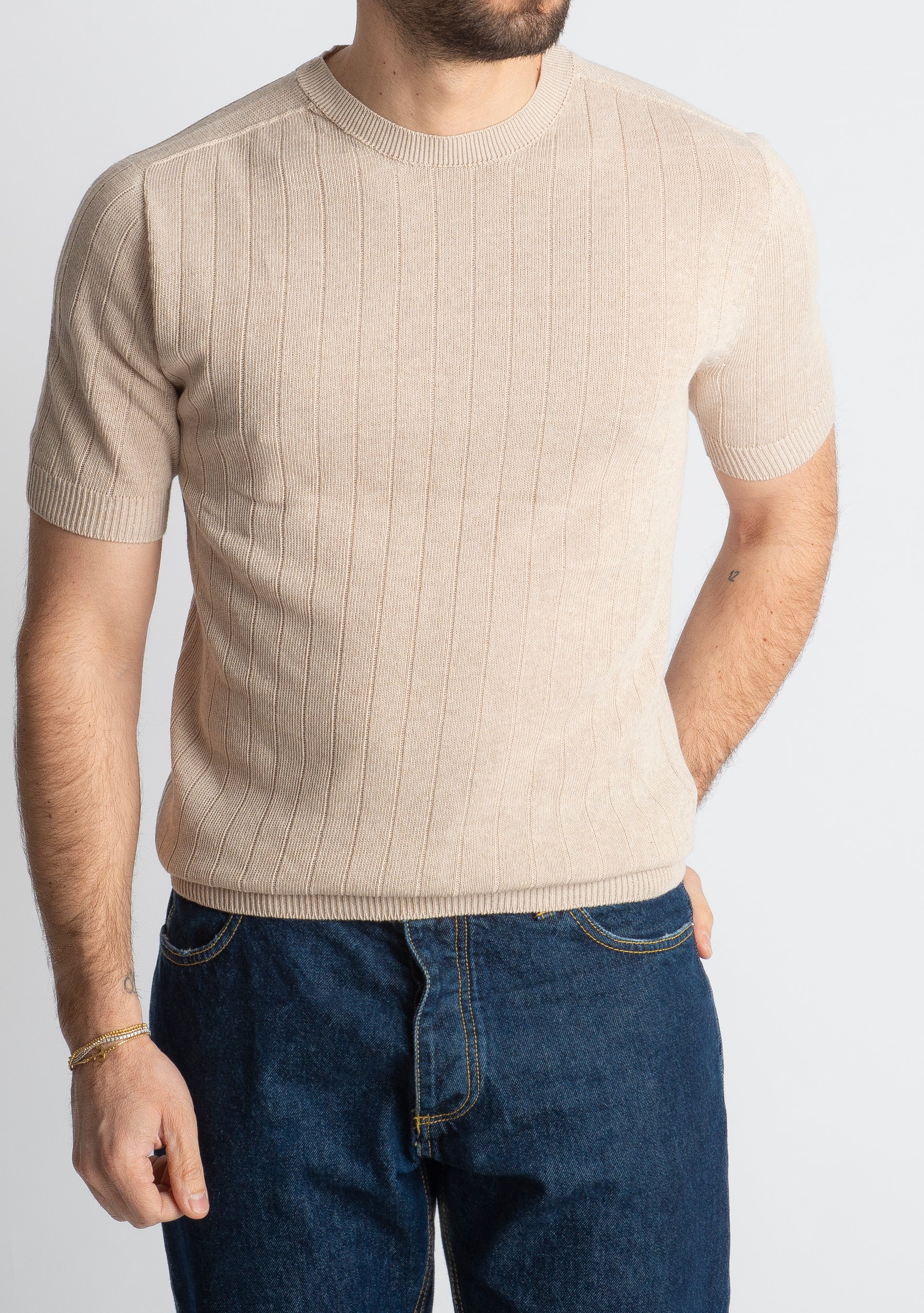 T-shirt In Filo A Coste Beige