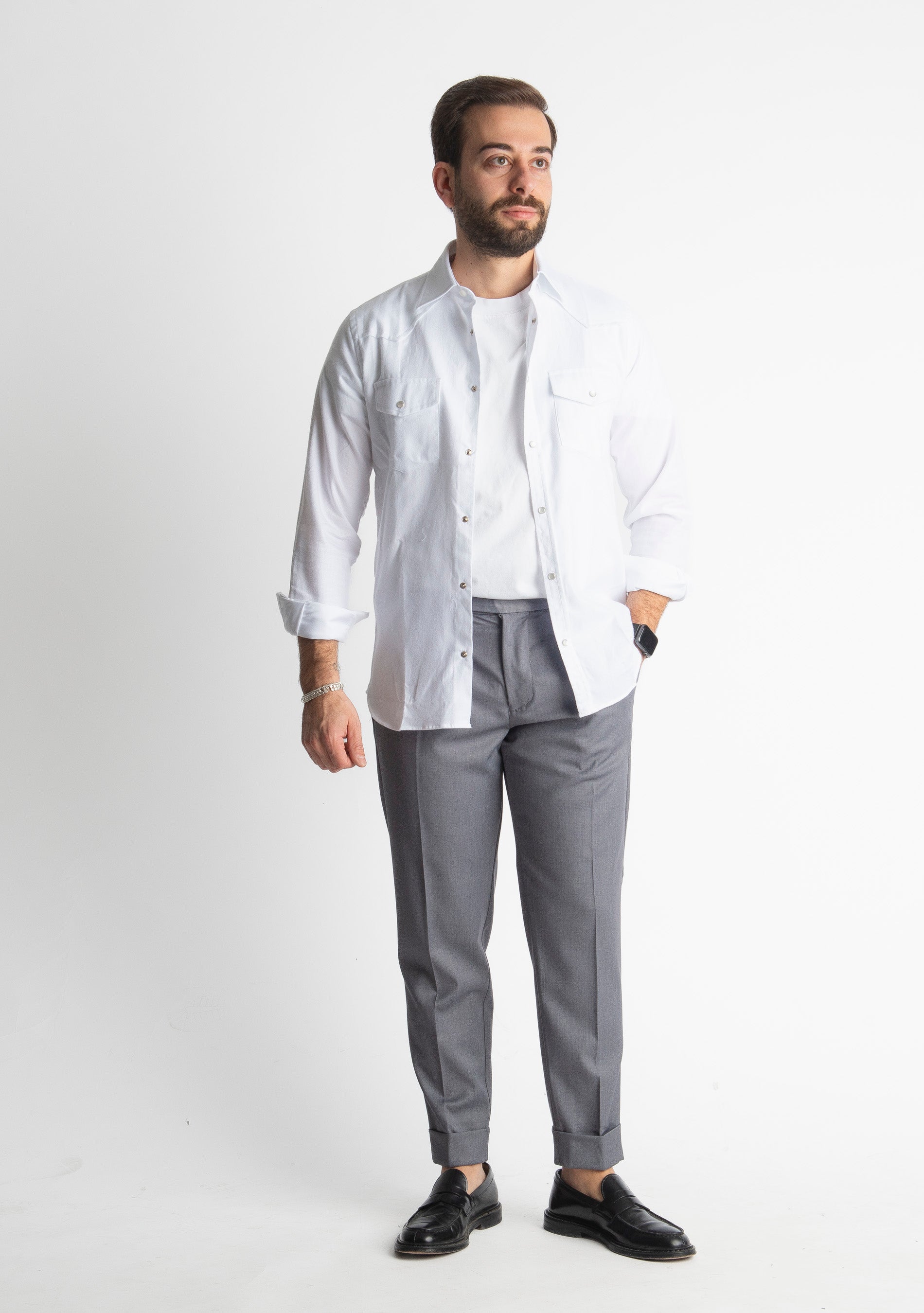 Camicia Texana in Flanella Bianca