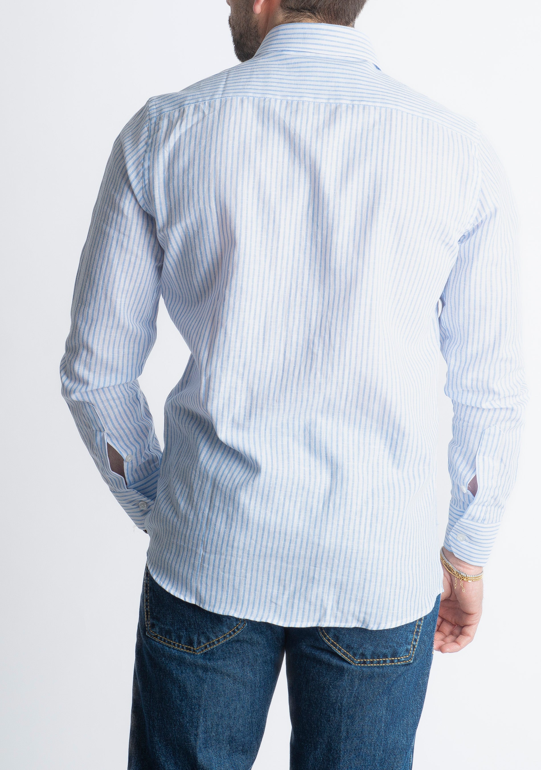 Camicia in Lino Rigata 03 Celeste