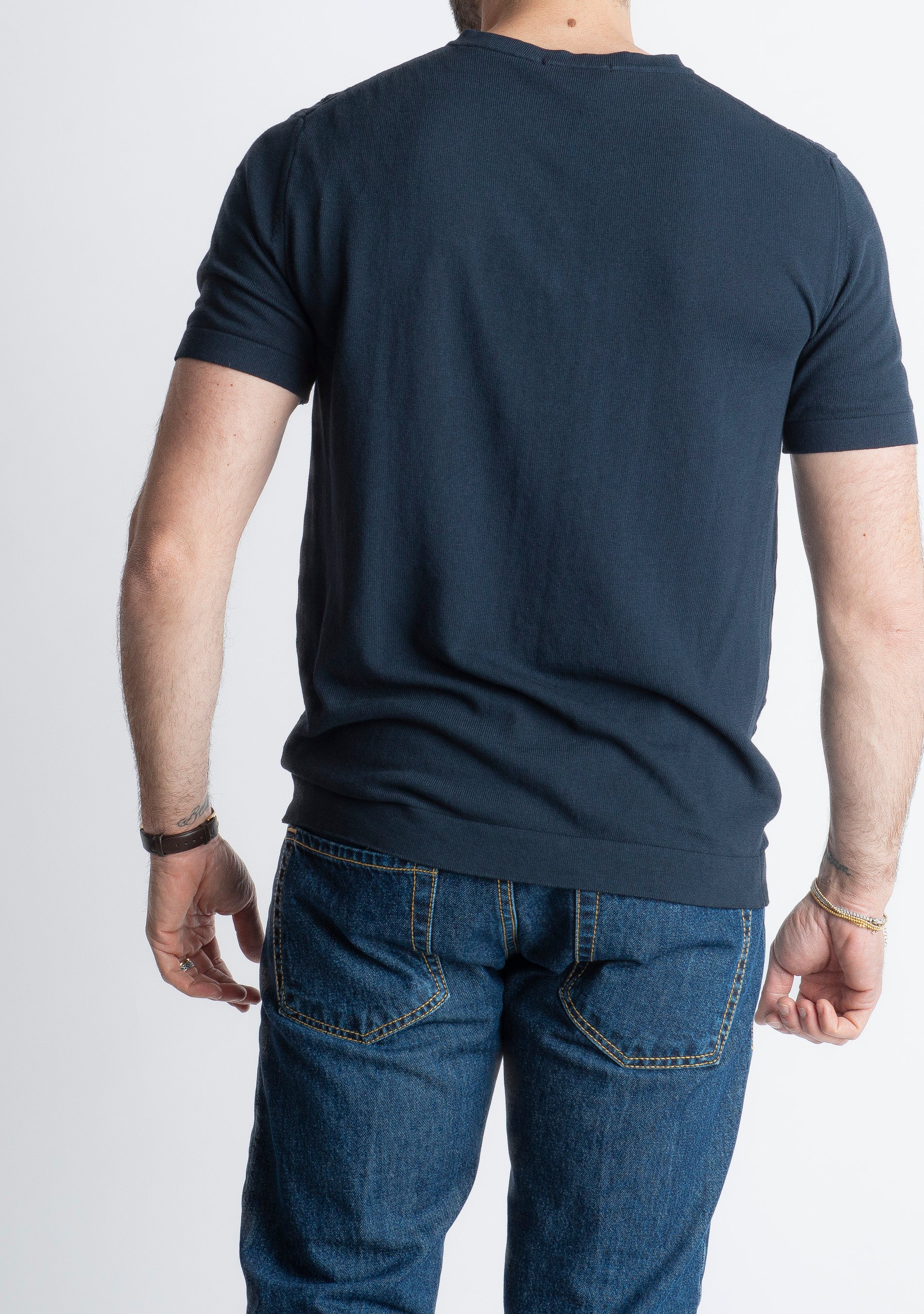 T-shirt Serafino in Crêpe di Cotone con Motivo Blu