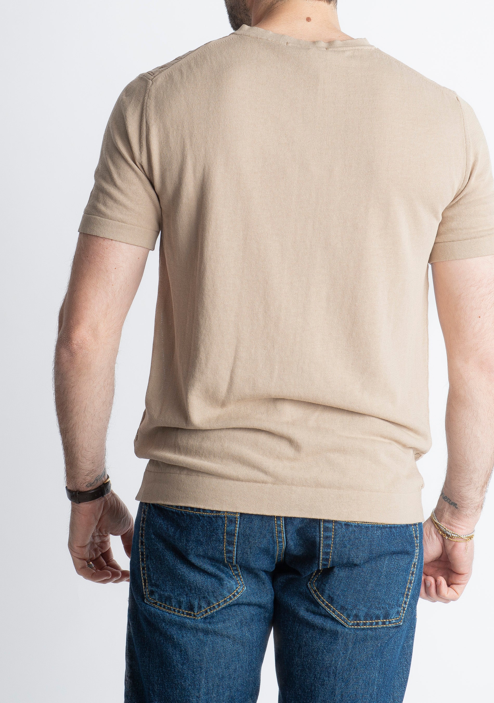 T-shirt Serafino in Crêpe di Cotone con motivo Sabbia