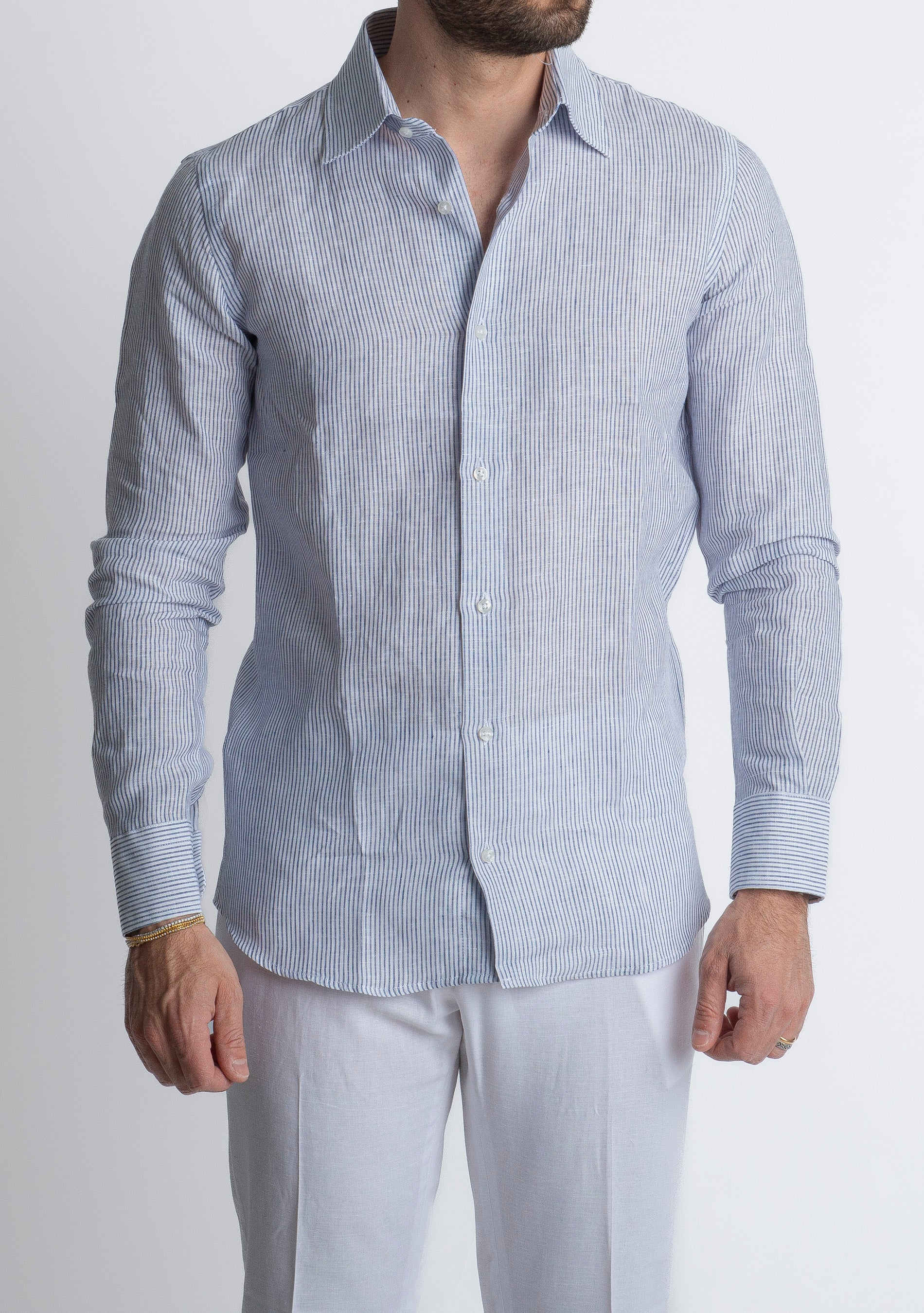 Camicia 100% Lino Irlandese Rigata Blu