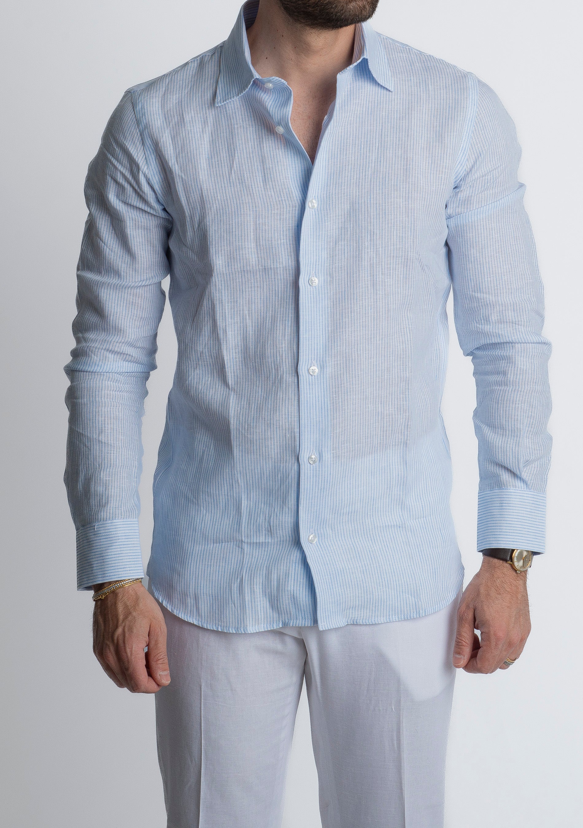 Camicia 100% Lino Irlandese Rigata Celeste