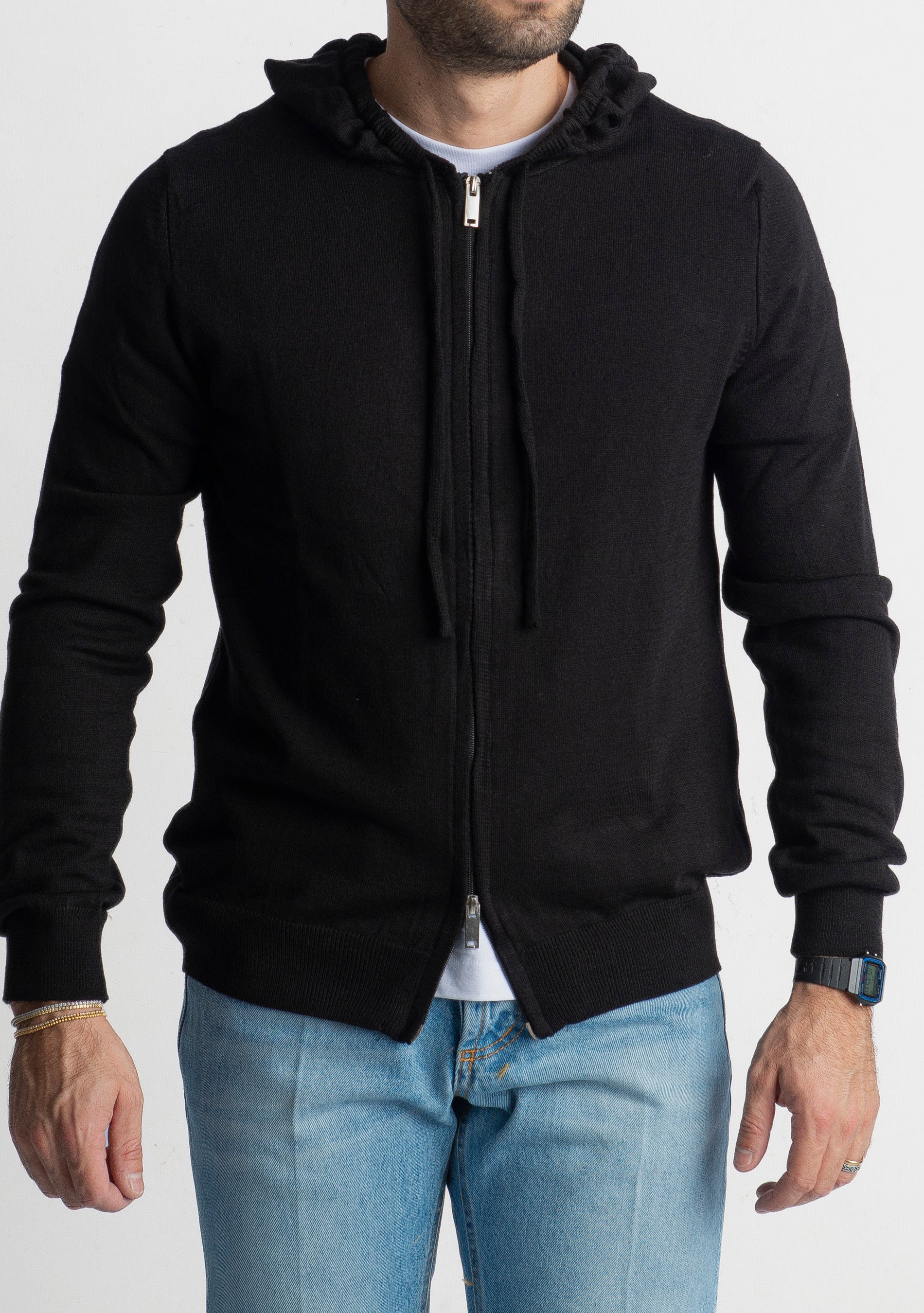Maglioncino in Lana Full Zip con Cappuccio Nero