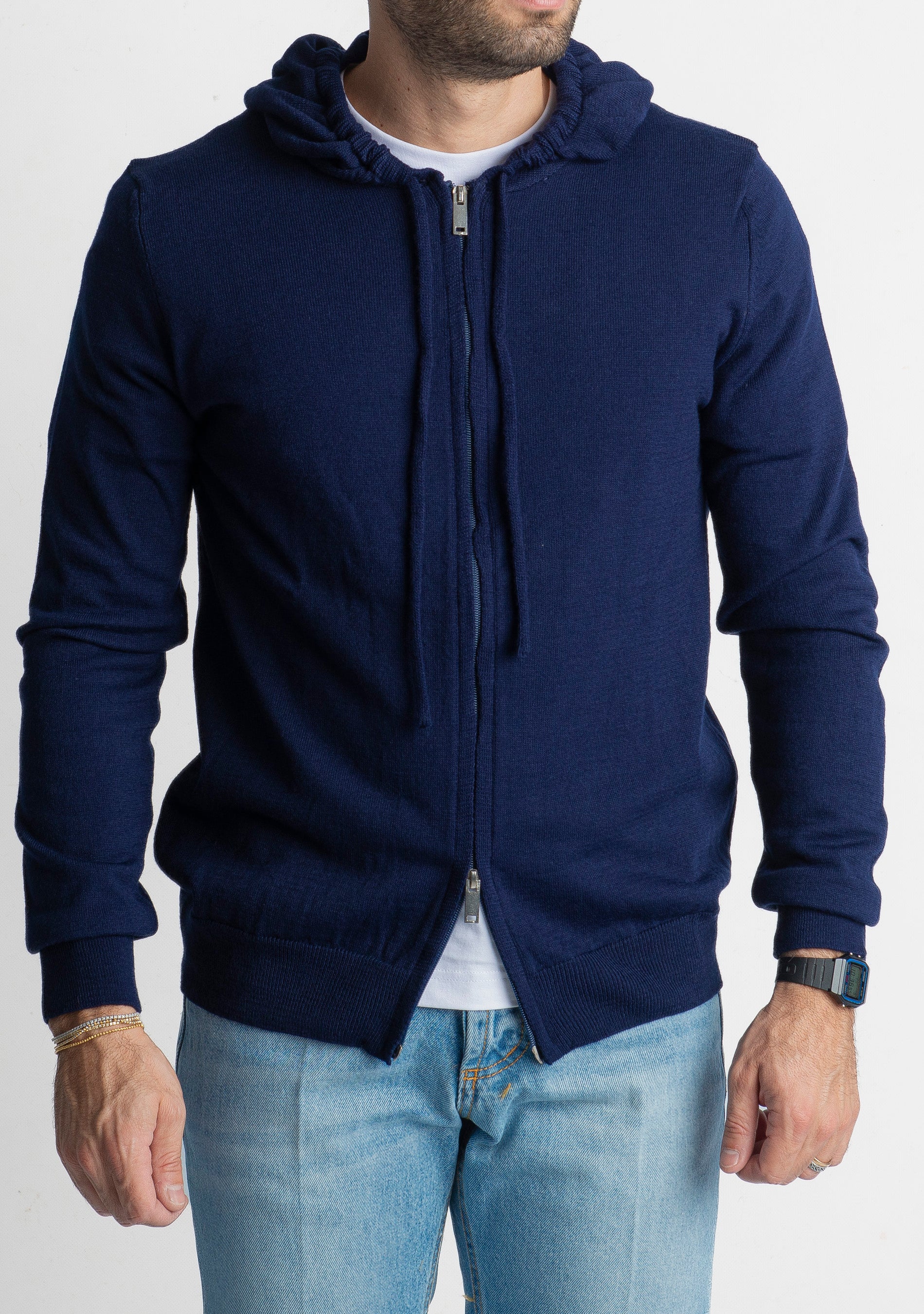 Maglioncino in Lana Full Zip con Cappuccio Blu