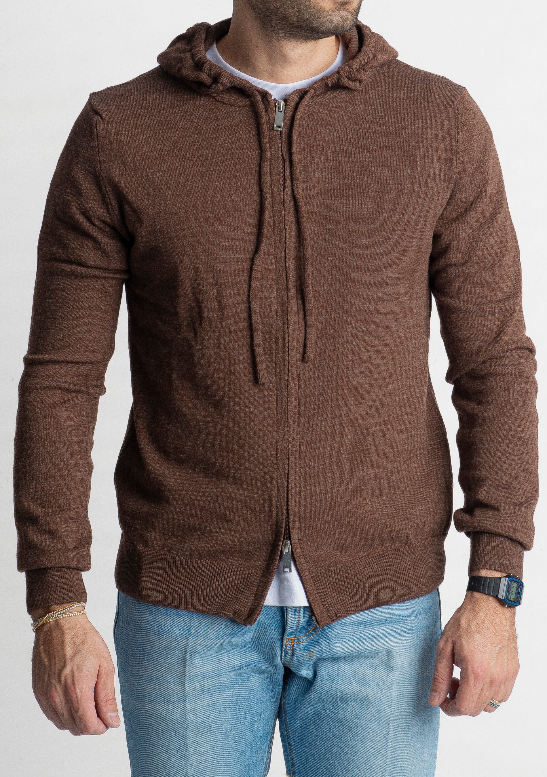 Maglioncino in Lana Full Zip con Cappuccio Testa di Moro