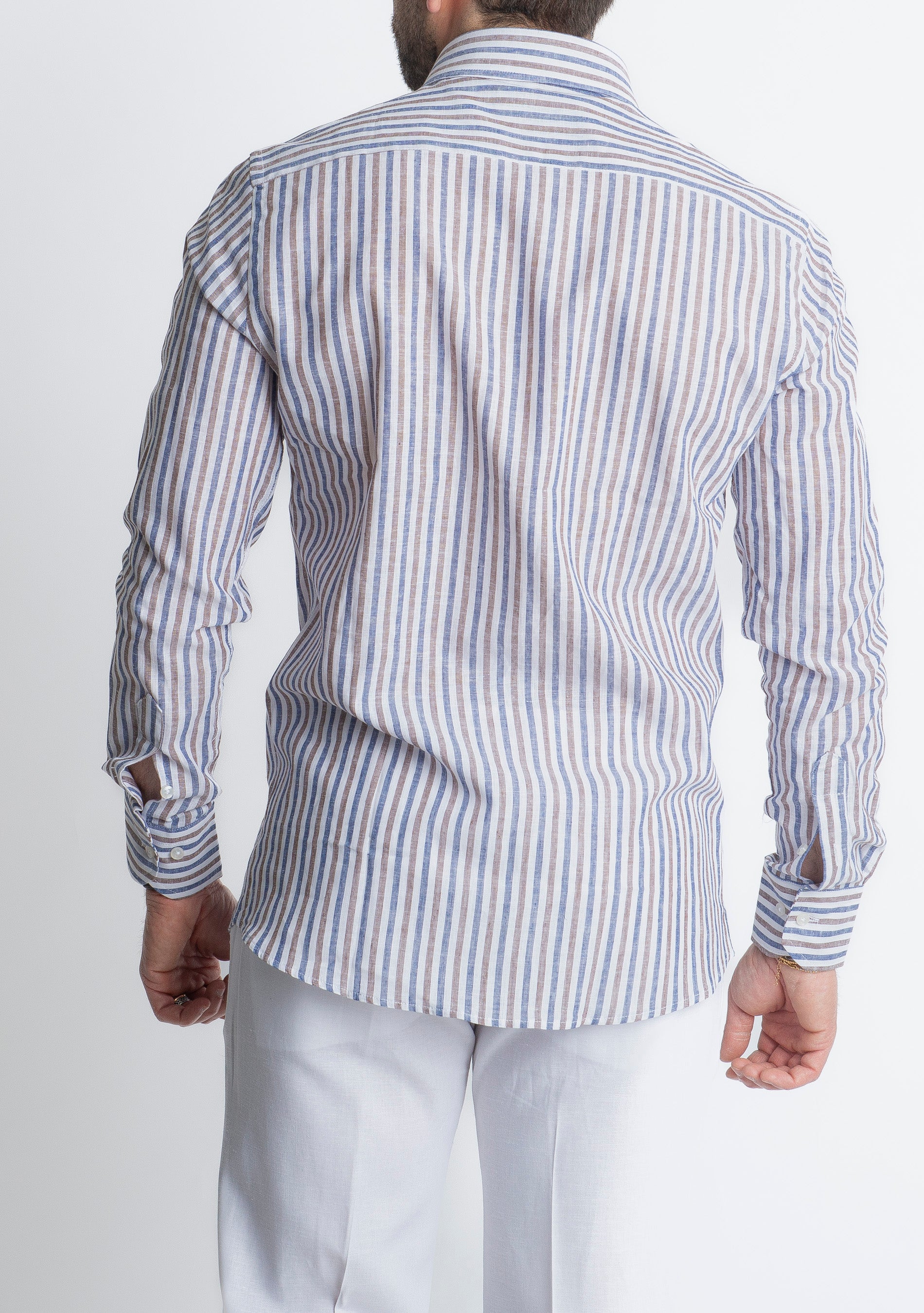 Camicia in Lino Rigata Blu/Marrone