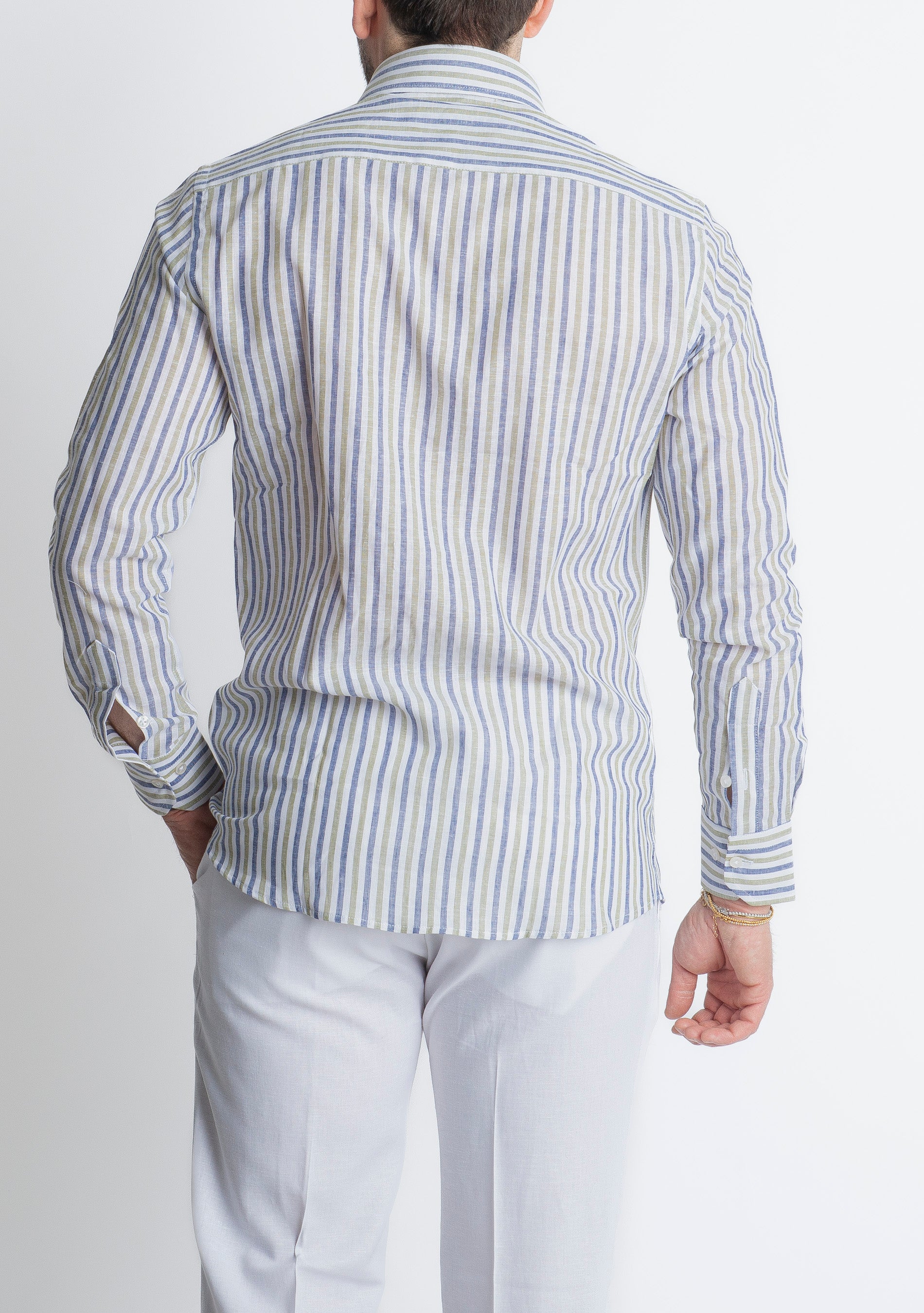 Camicia in Lino Rigata Blu/Verde