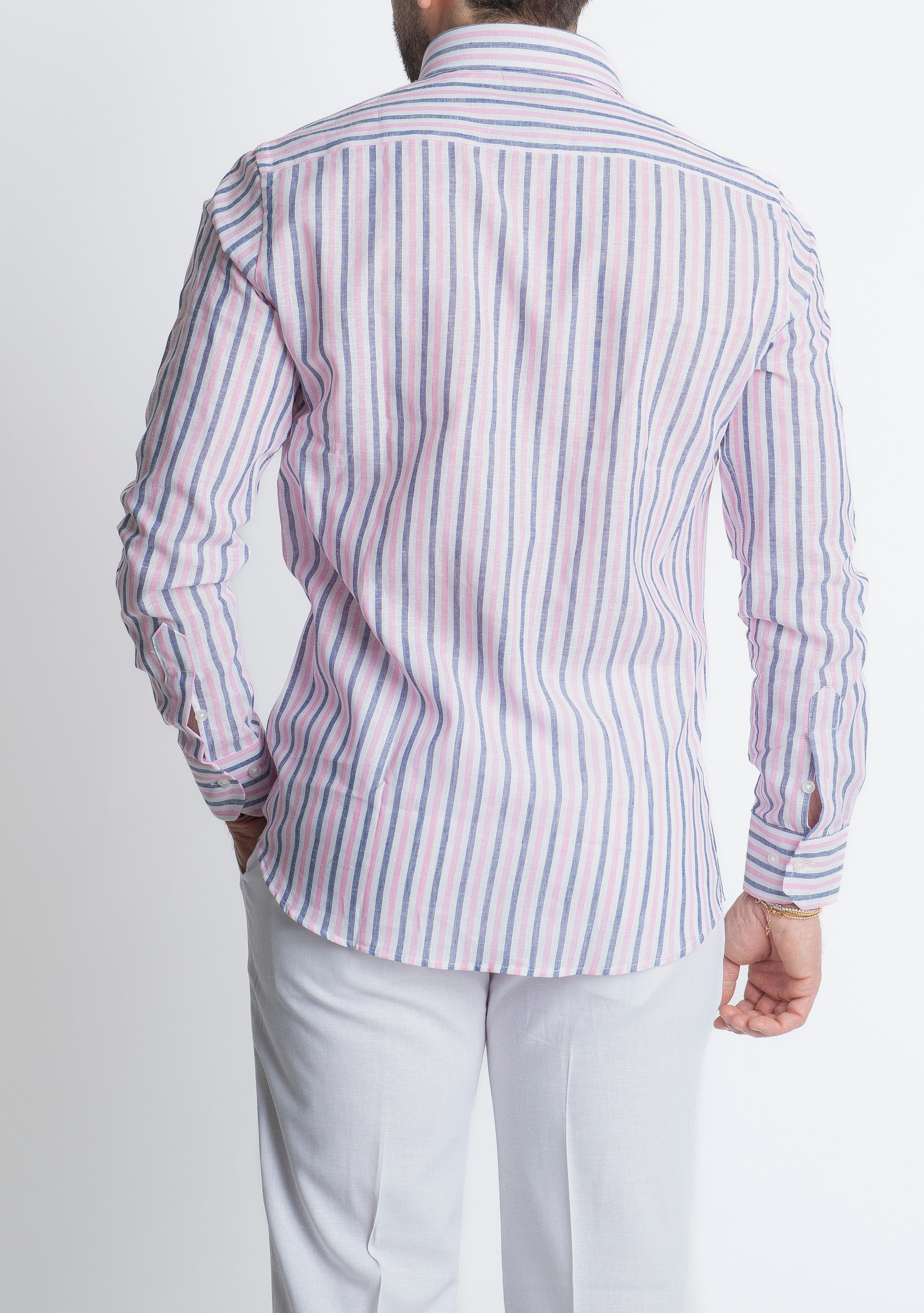 Camicia in Lino Rigata Blu/Rosa