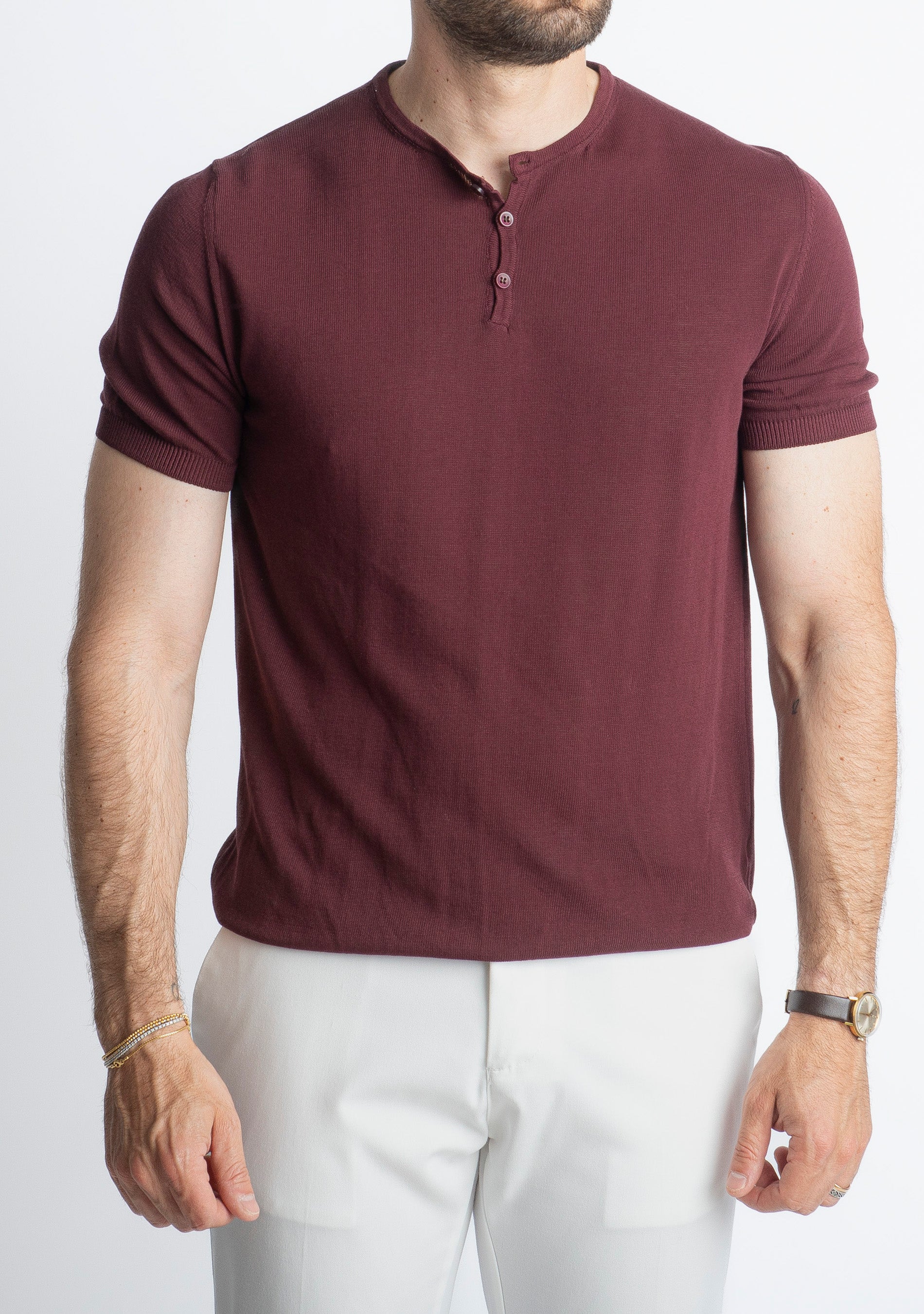 T-shirt Serafino in Crêpe di Cotone vinaccia