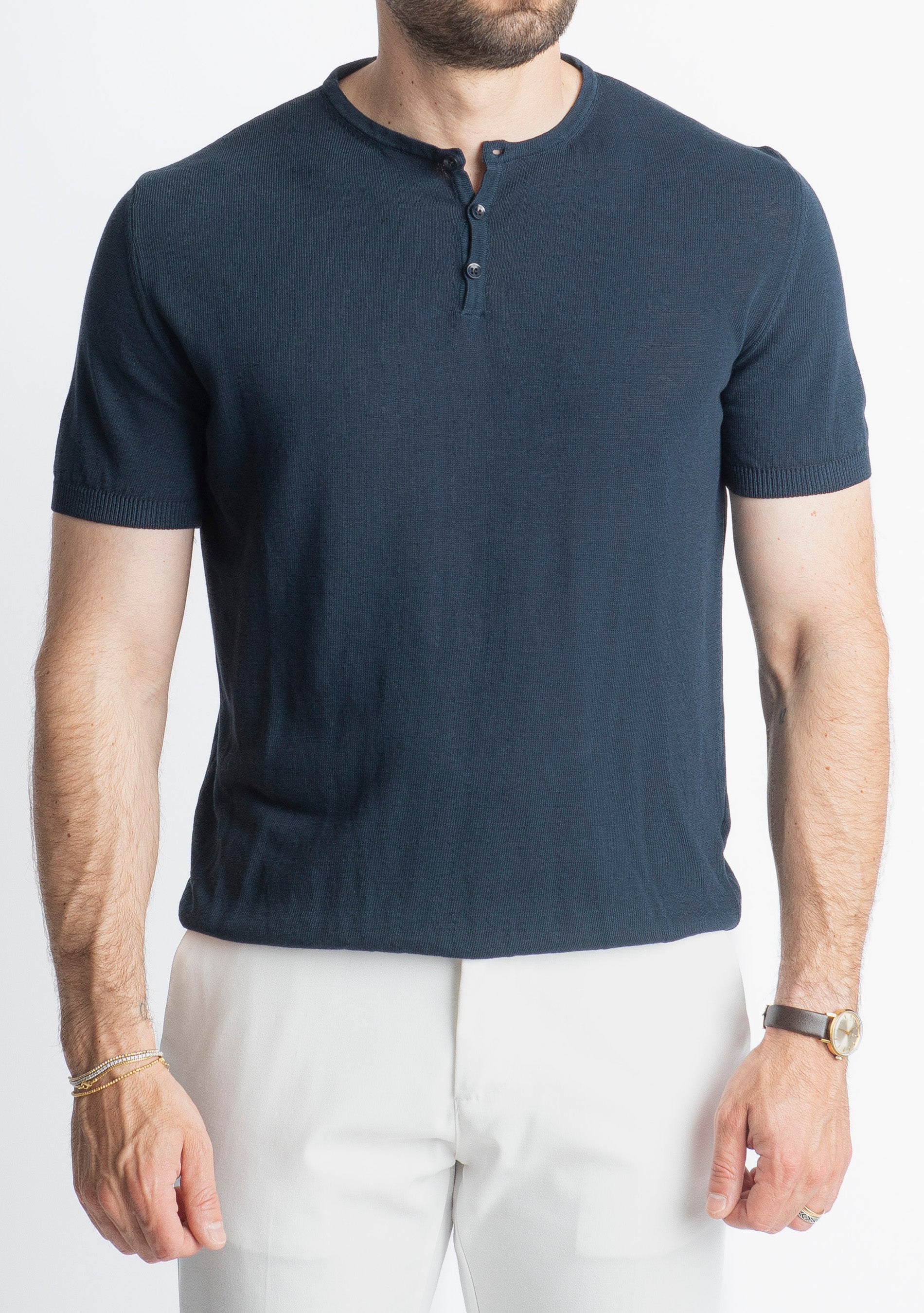 T-shirt Serafino in Crêpe di Cotone Blu