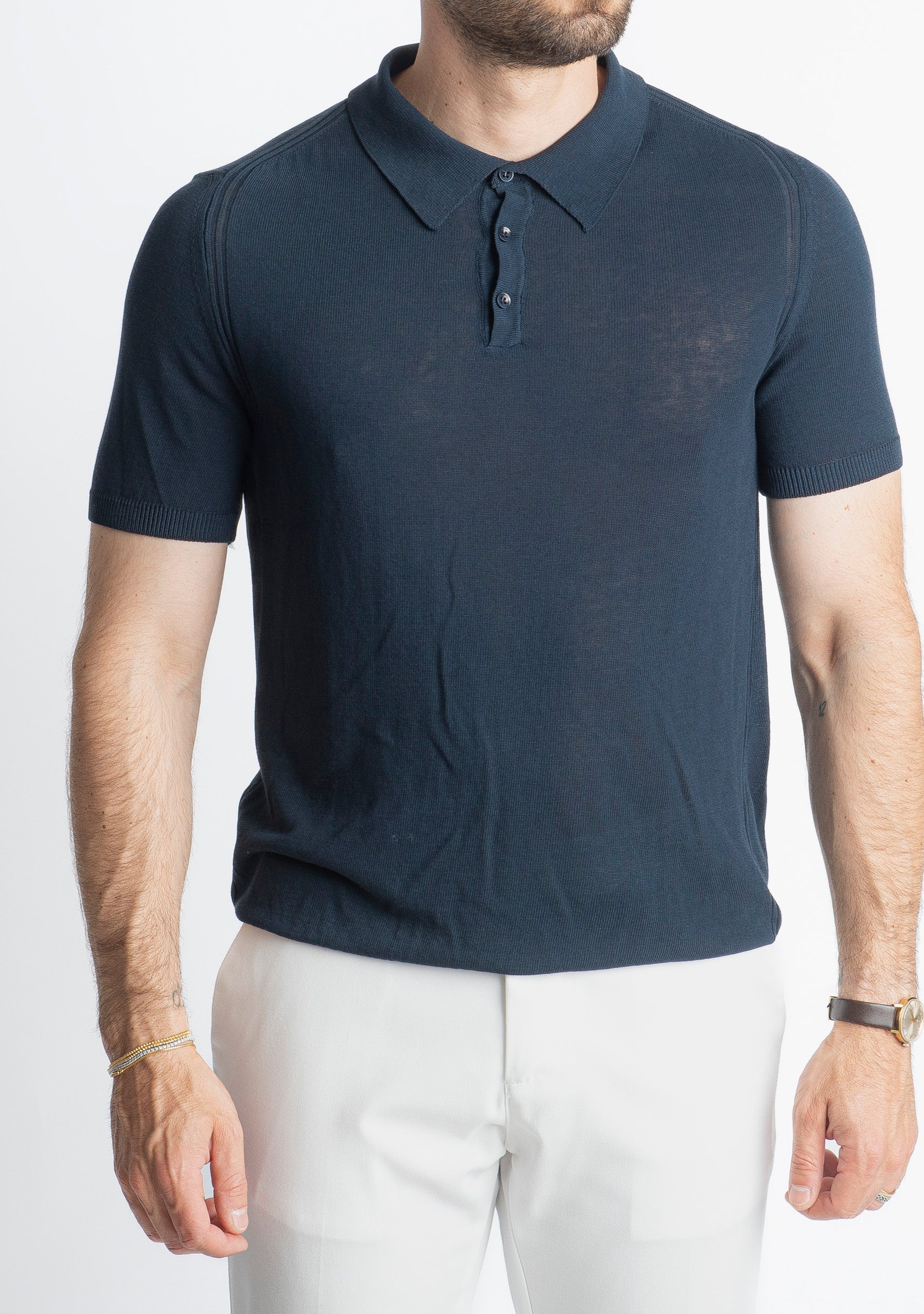 Polo tre Bottoni in Crêpe di Cotone Blu