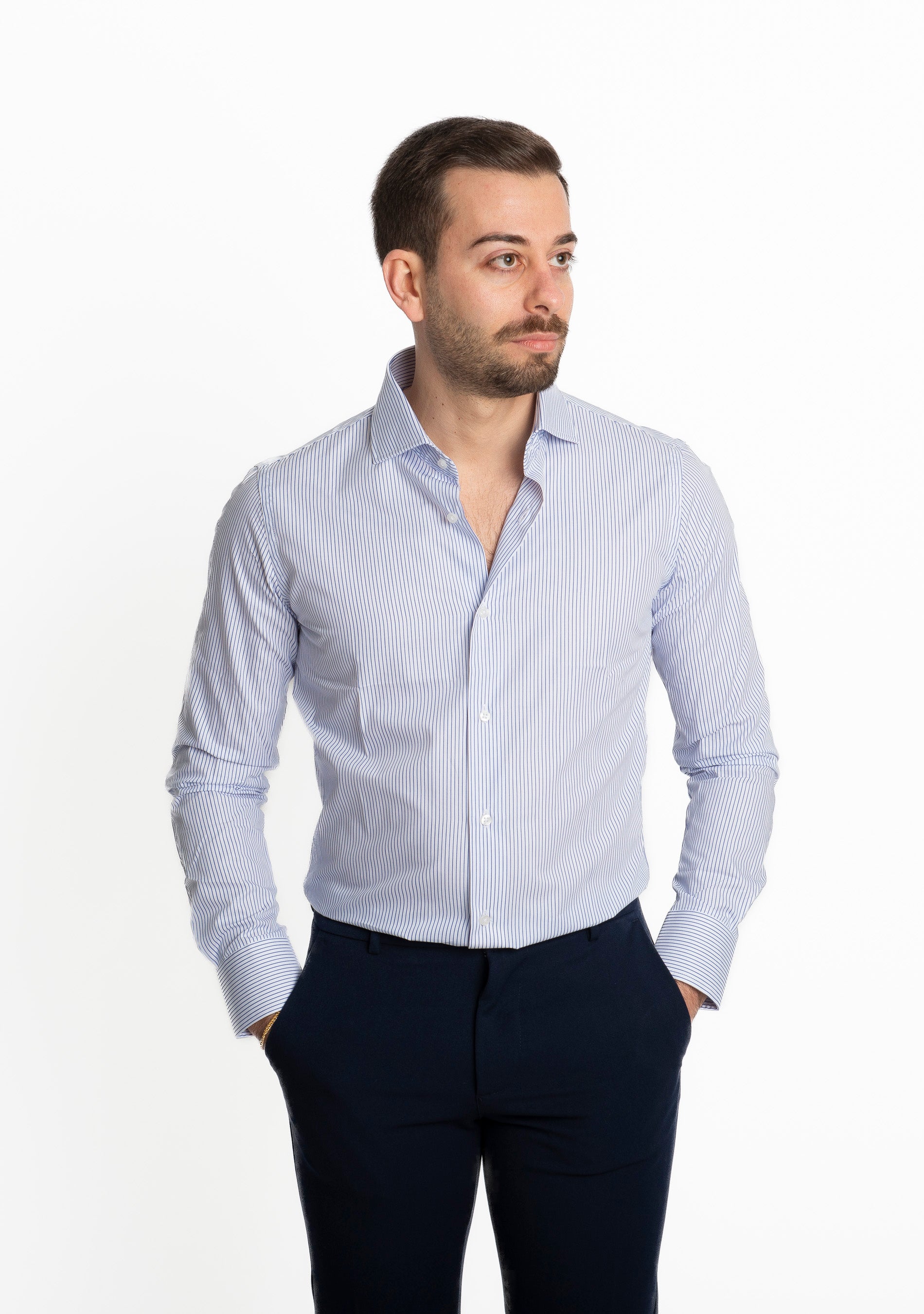 Camicia Uomo Rigata Celeste 01
