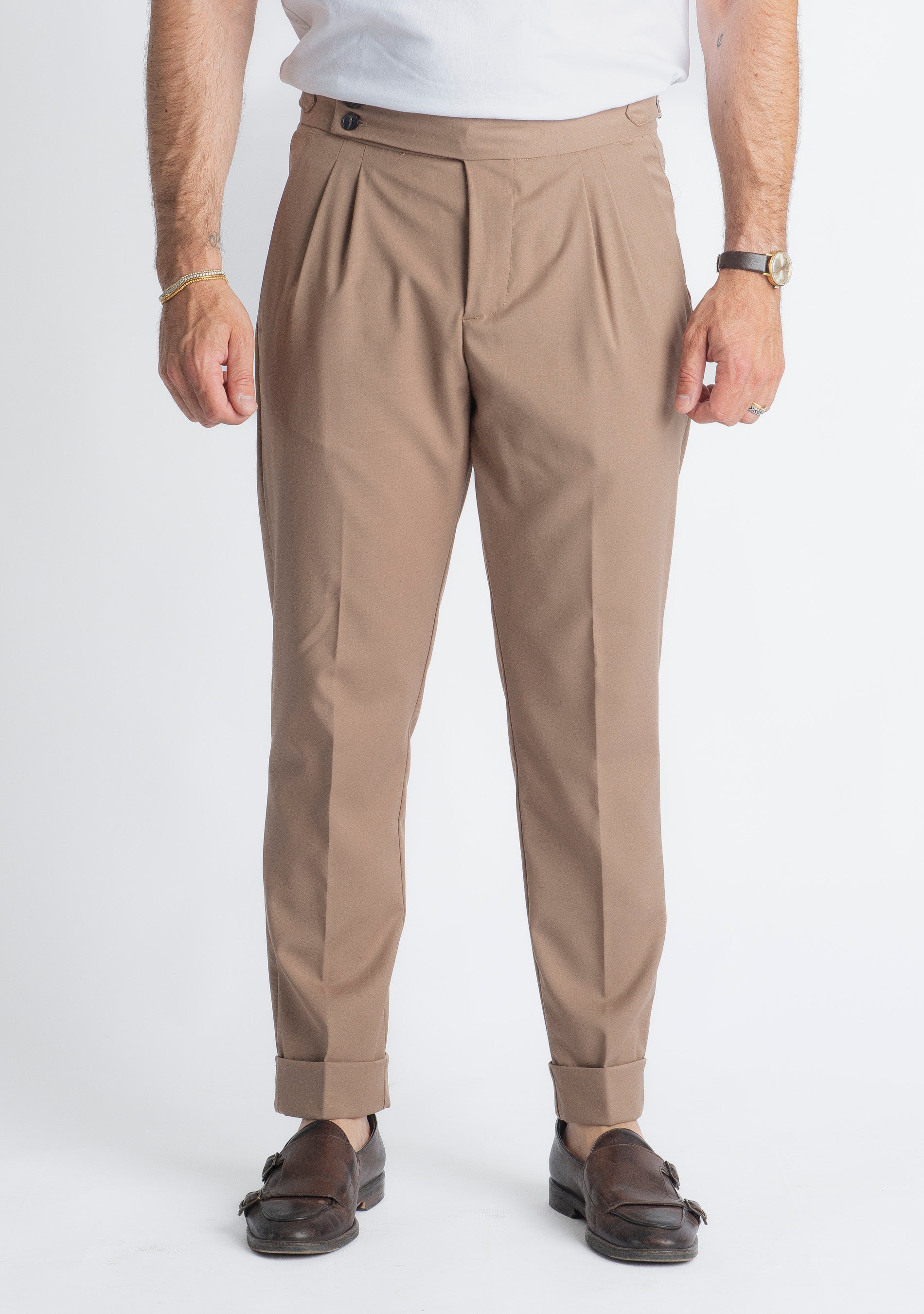 Pantalone Fresco Lana Pisa Doppia Fibbia Biscotto