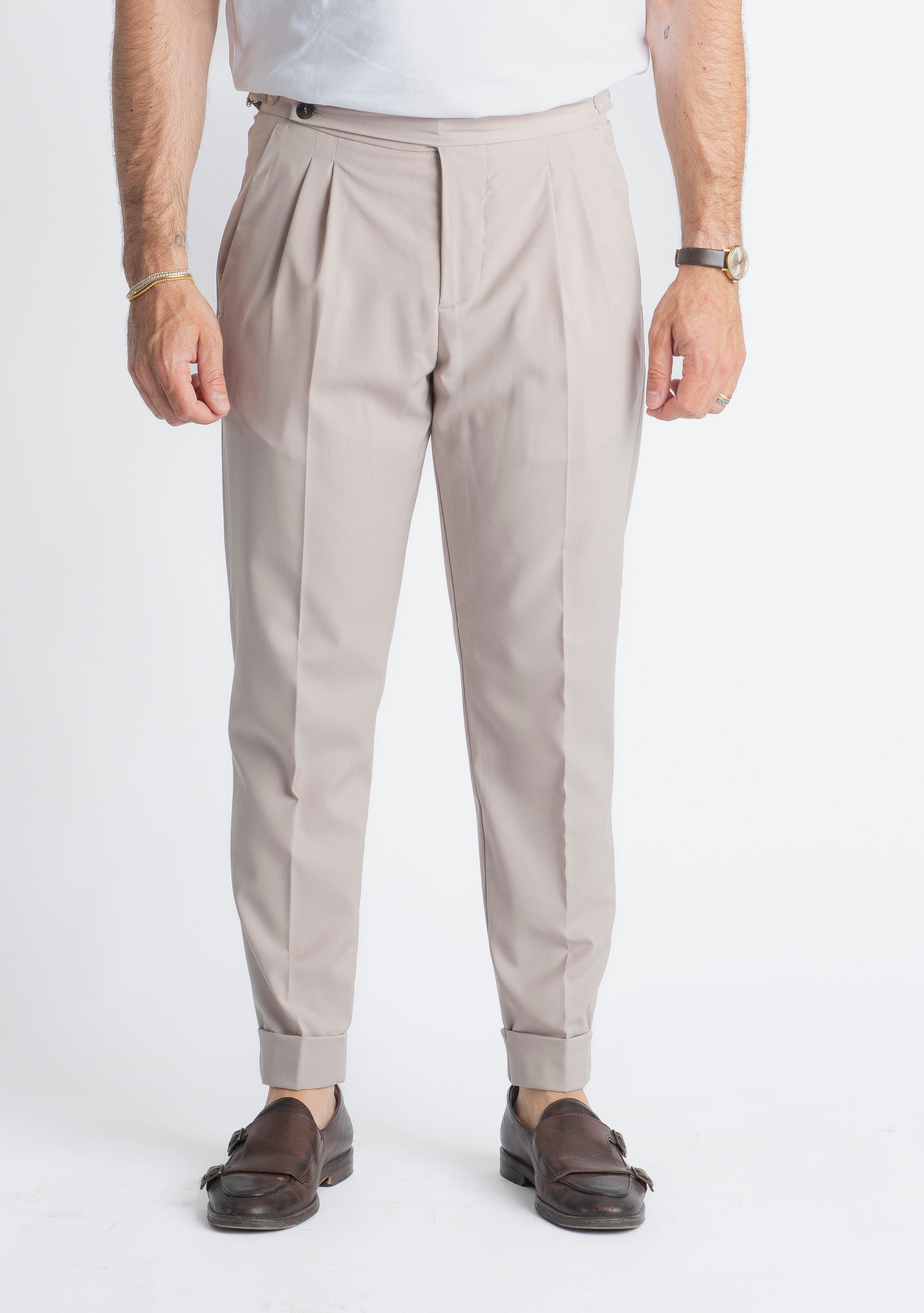 Pantalone Fresco Lana Pisa Doppia Fibbia Beige