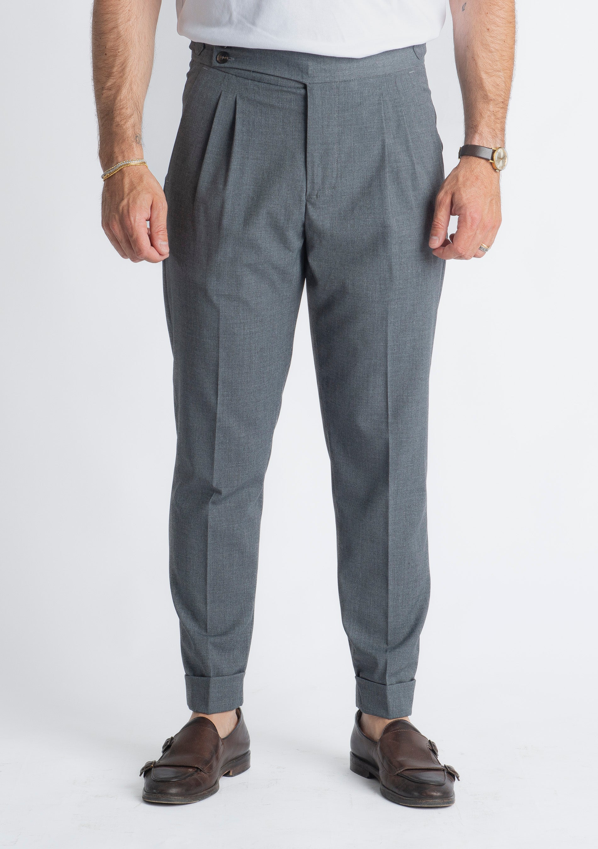 Pantalone Fresco Lana Pisa Doppia Fibbia Grigio
