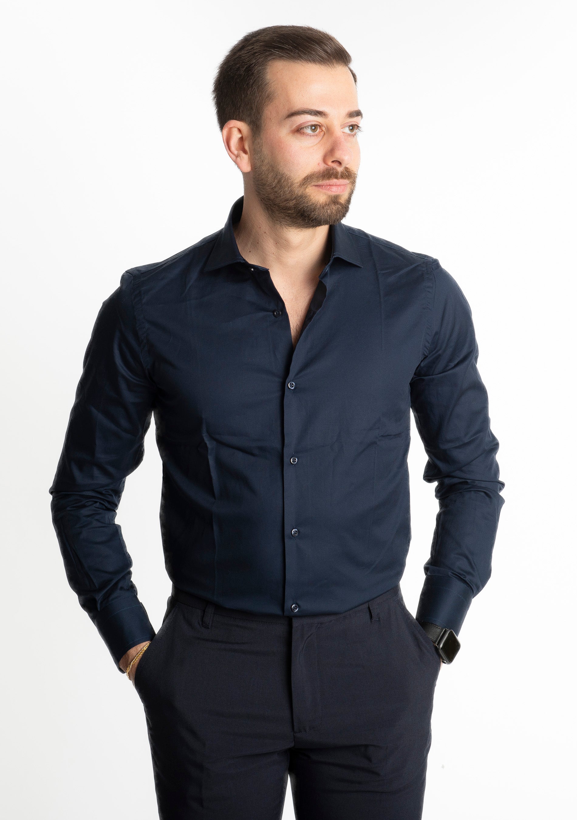 Camicia Uomo Tinta Unita Blu Scuro
