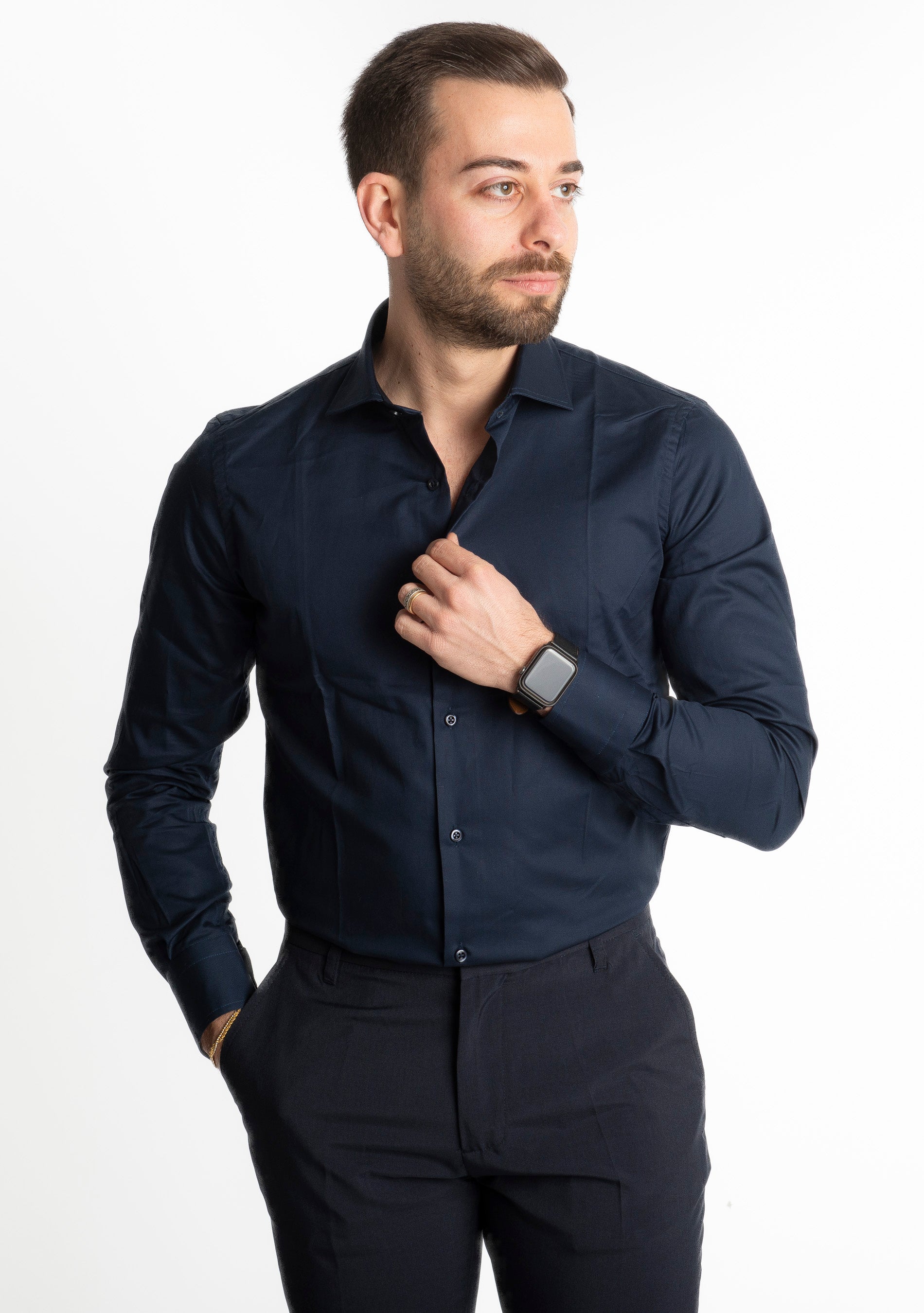 Camicia Uomo Tinta Unita Blu Scuro