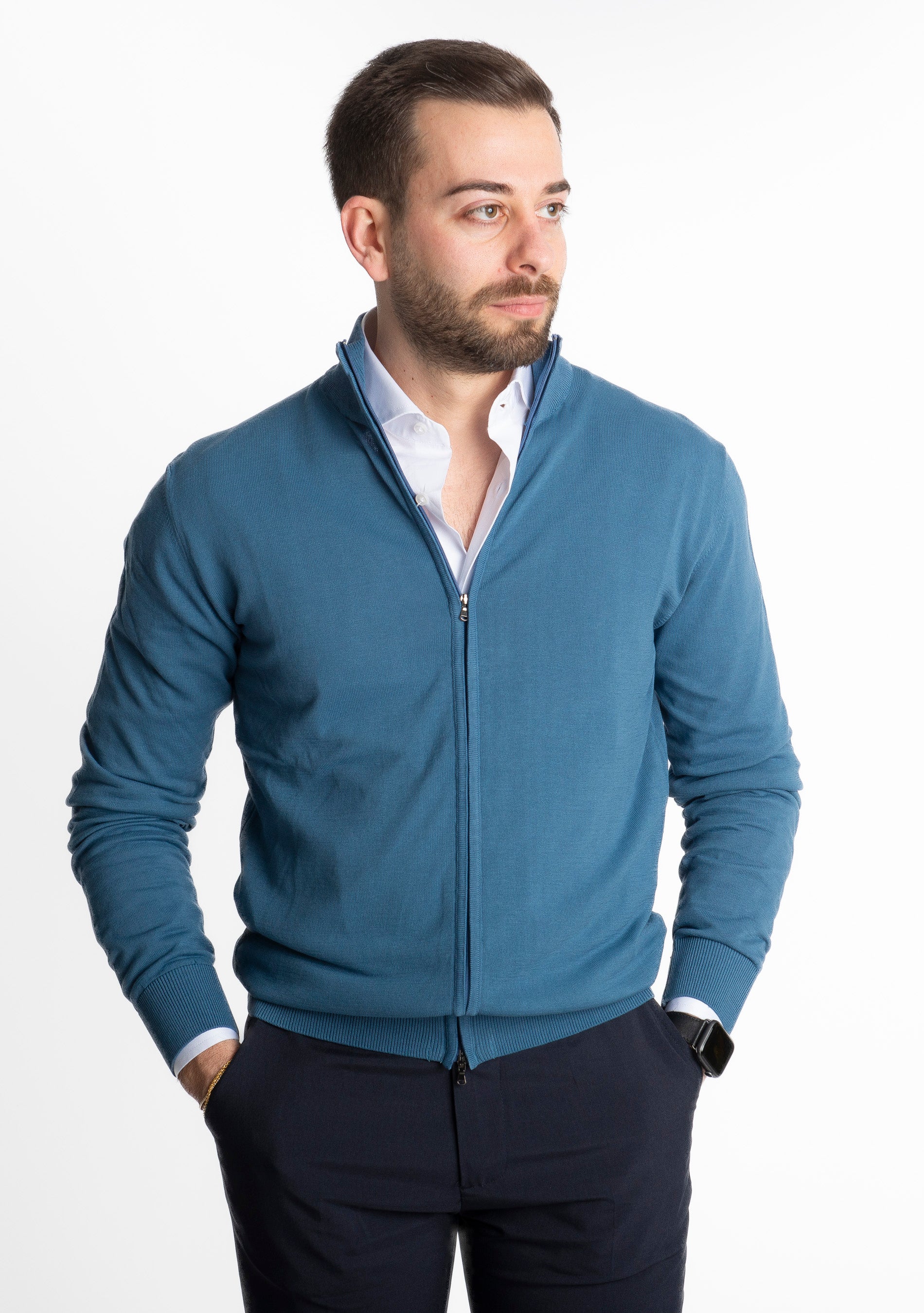 Cardigan In Filo Full Zip Indaco