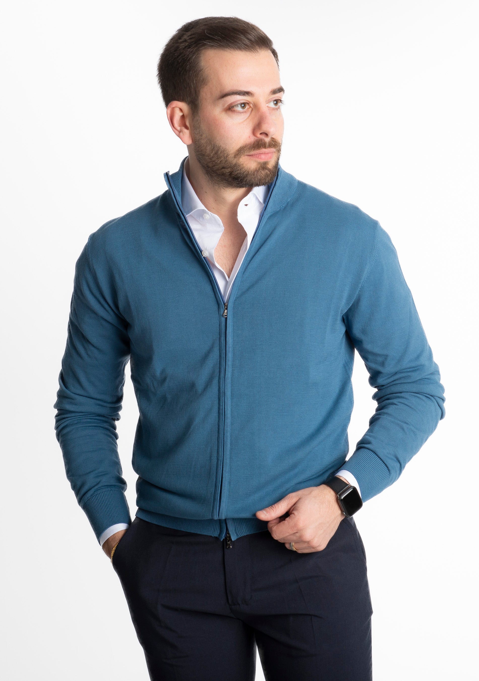 Cardigan In Filo Full Zip Indaco