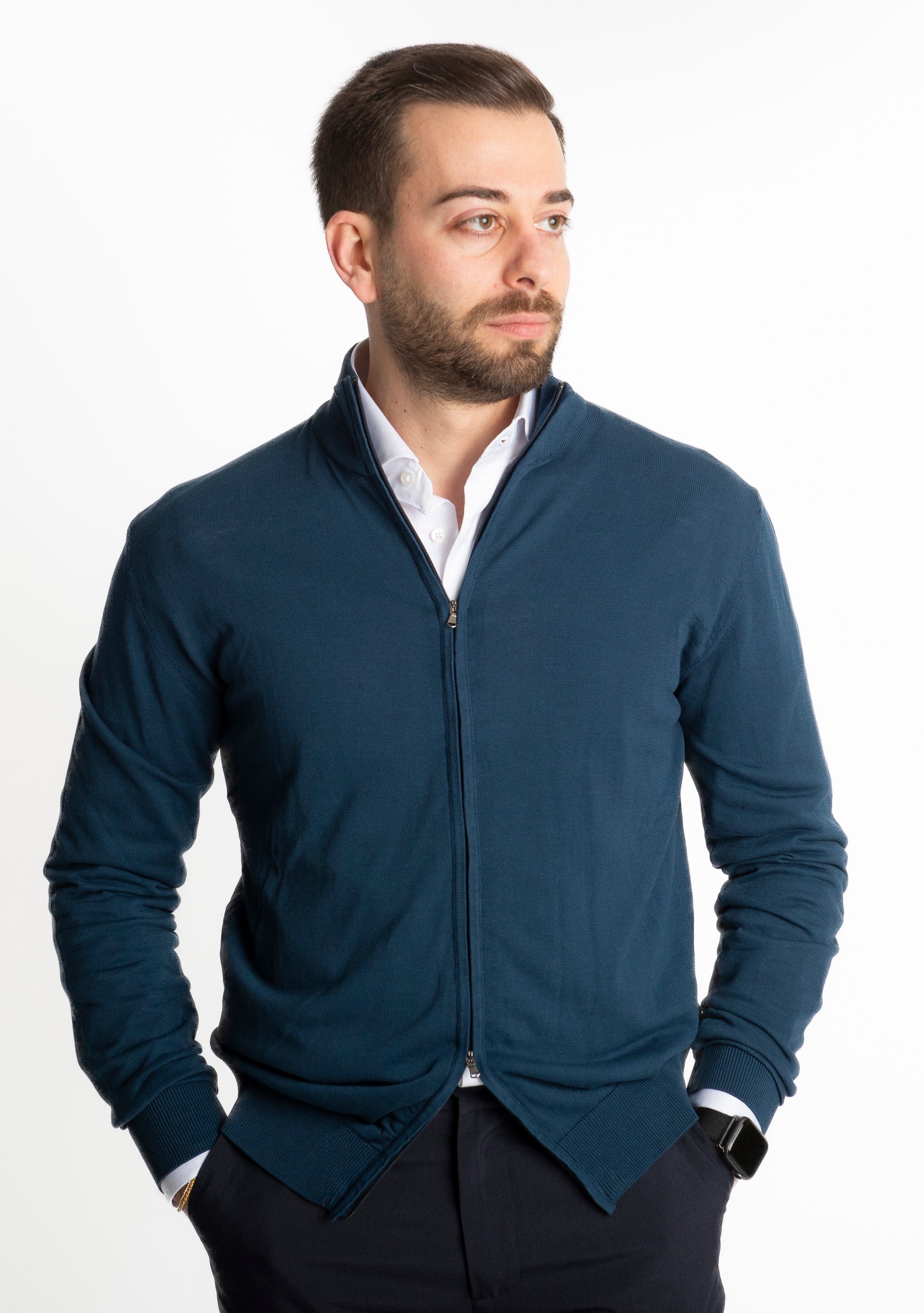 Cardigan In Filo Full Zip Blu