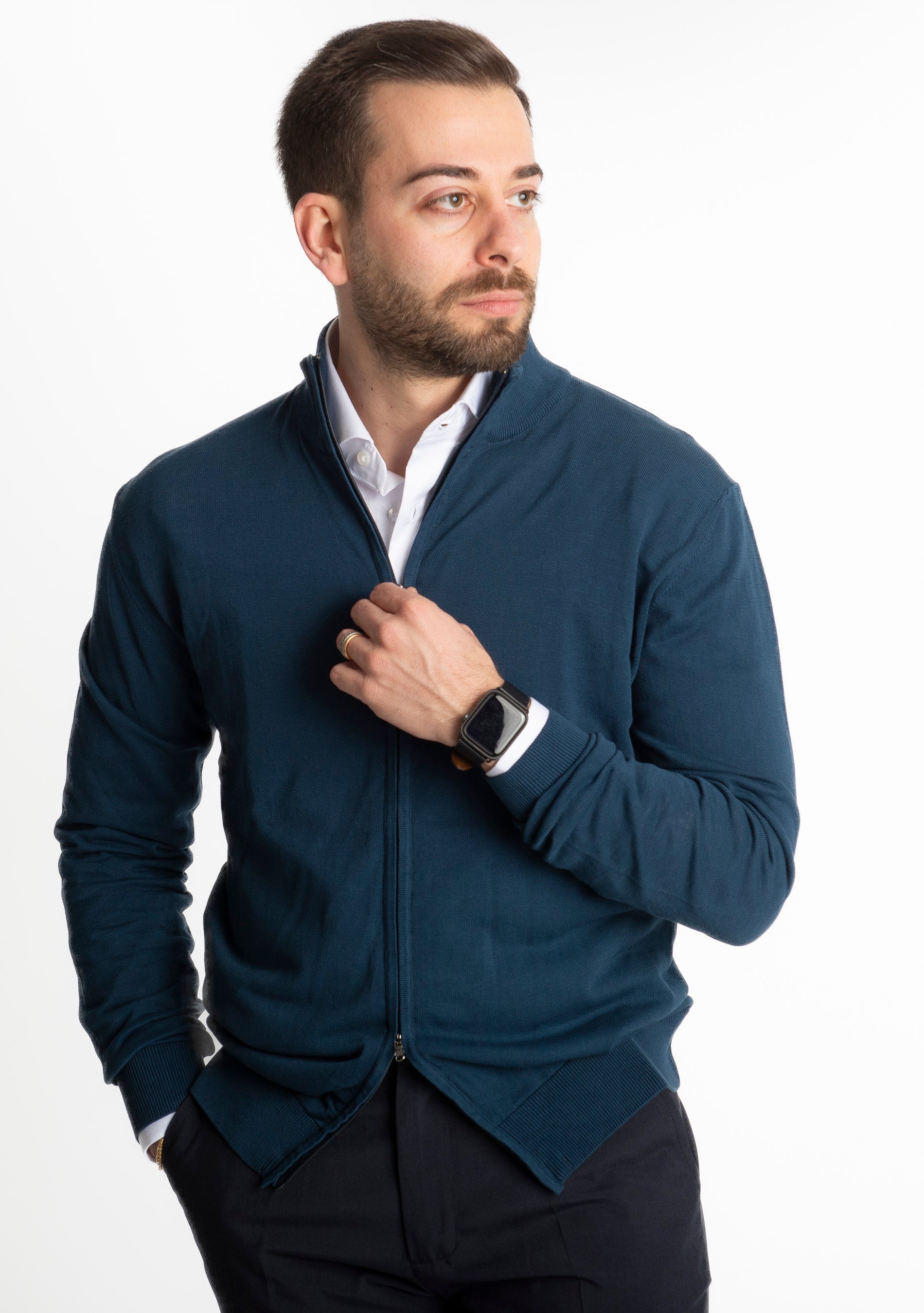 Cardigan In Filo Full Zip Blu