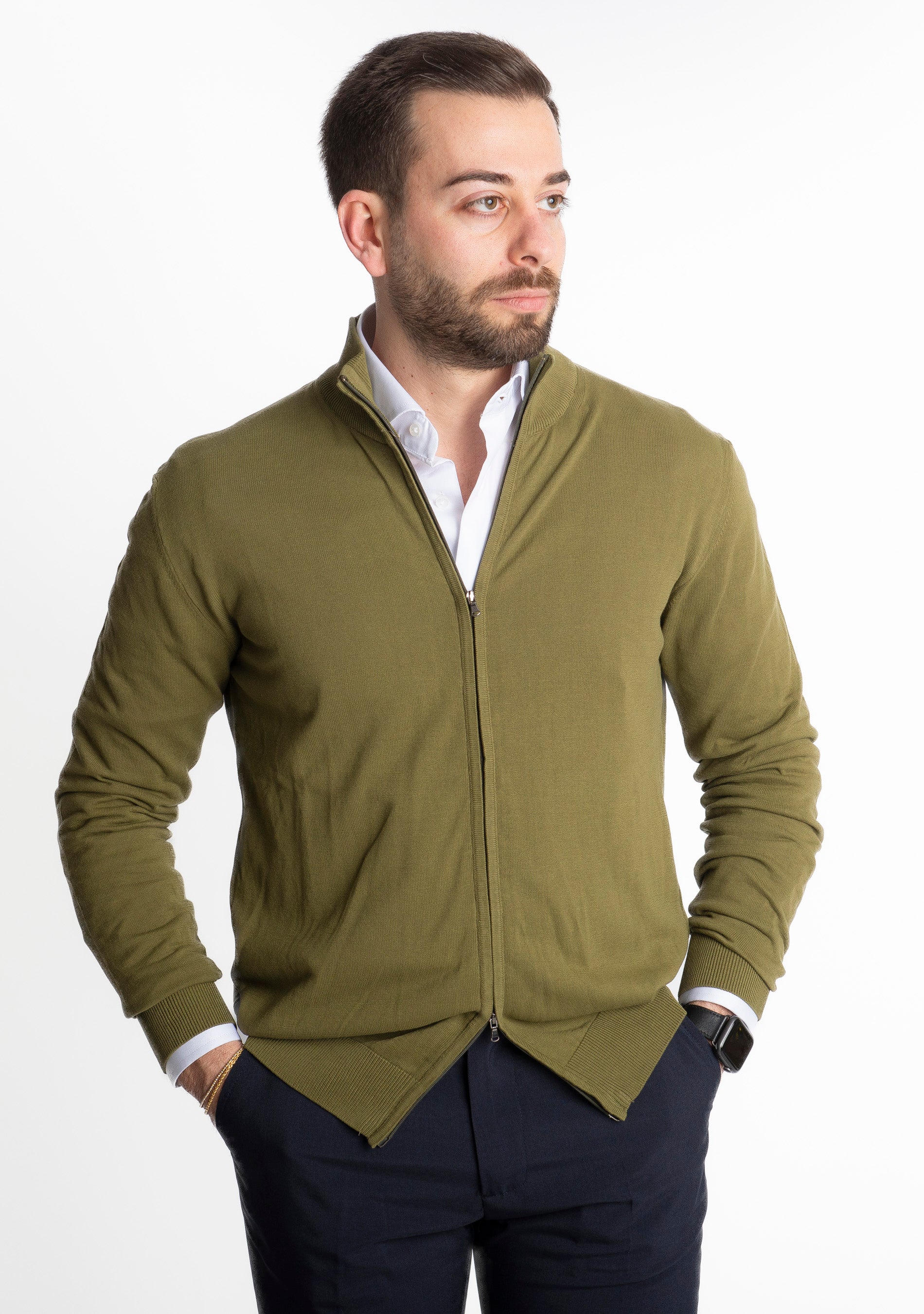 Cardigan In Filo Full Zip Verde