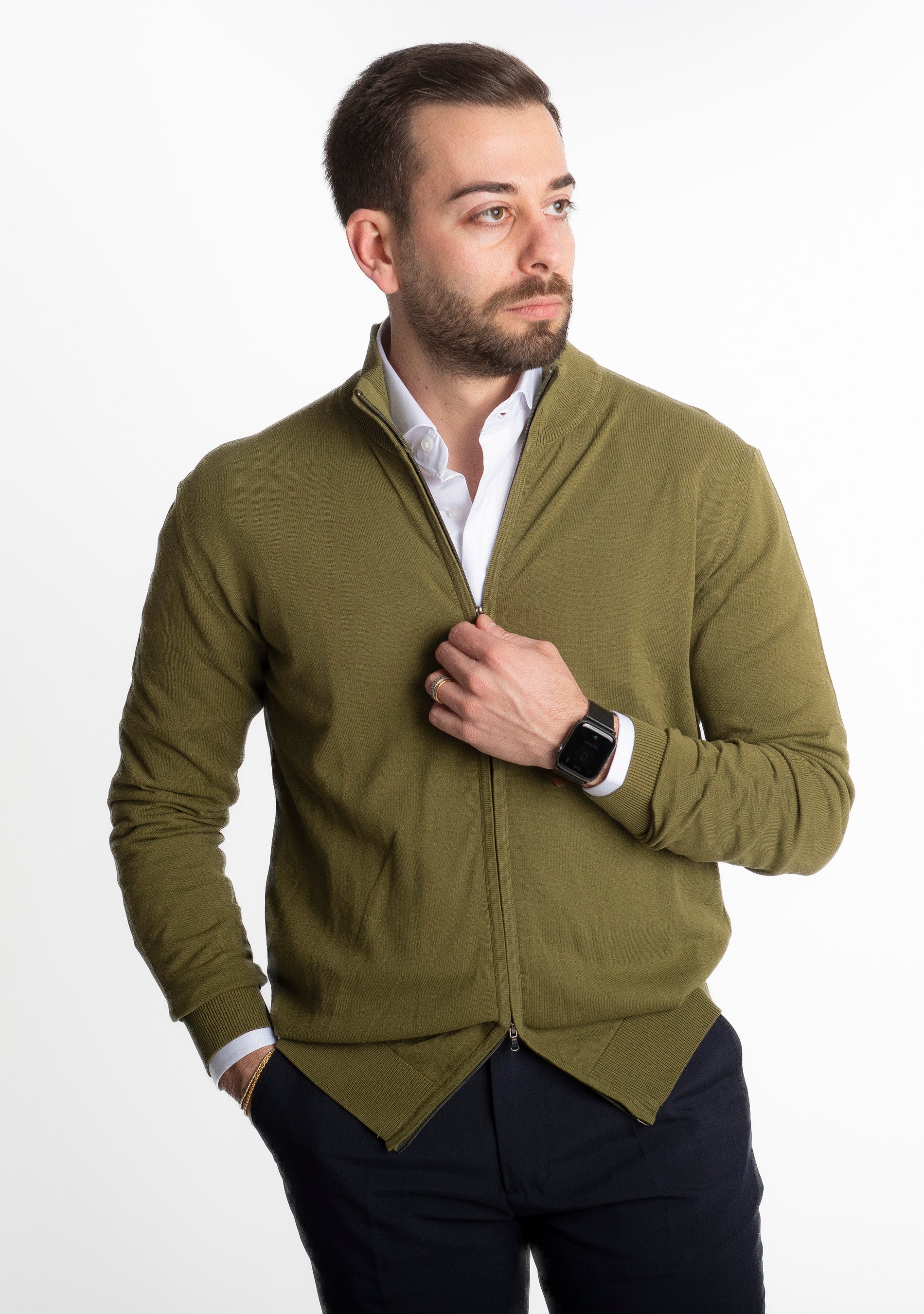 Cardigan In Filo Full Zip Verde