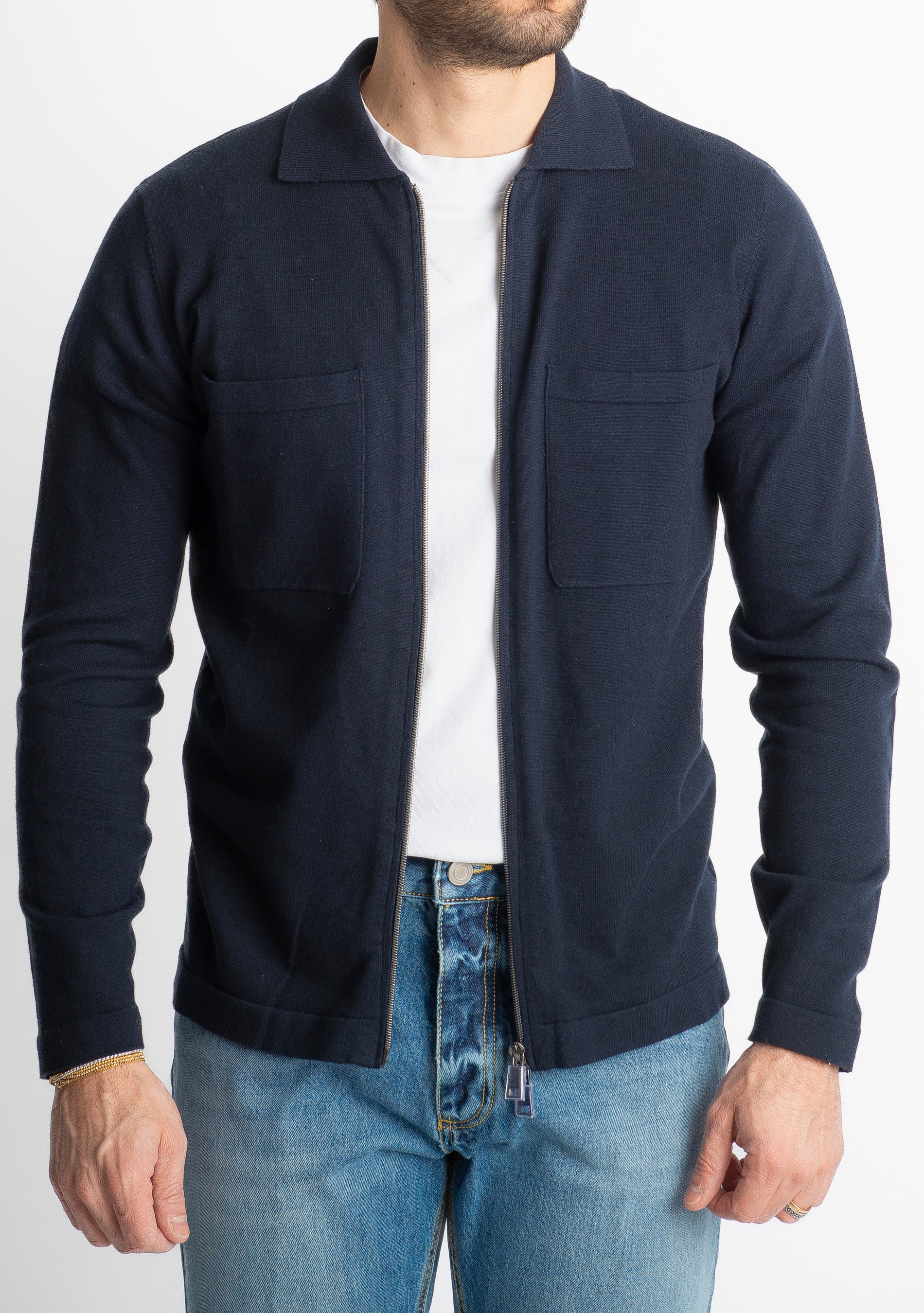 Cardigan Full Zip Con Tasche In Filo Blu