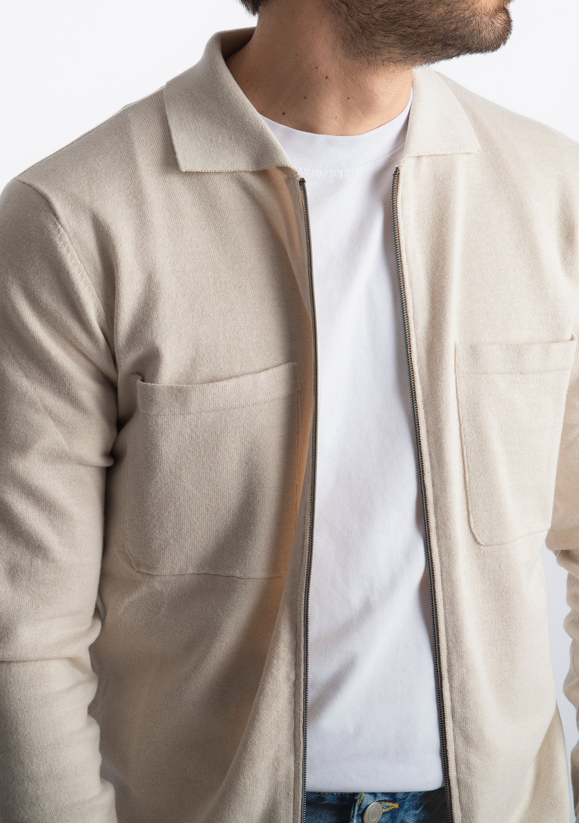Cardigan Full Zip Con Tasche In Filo Ecrù