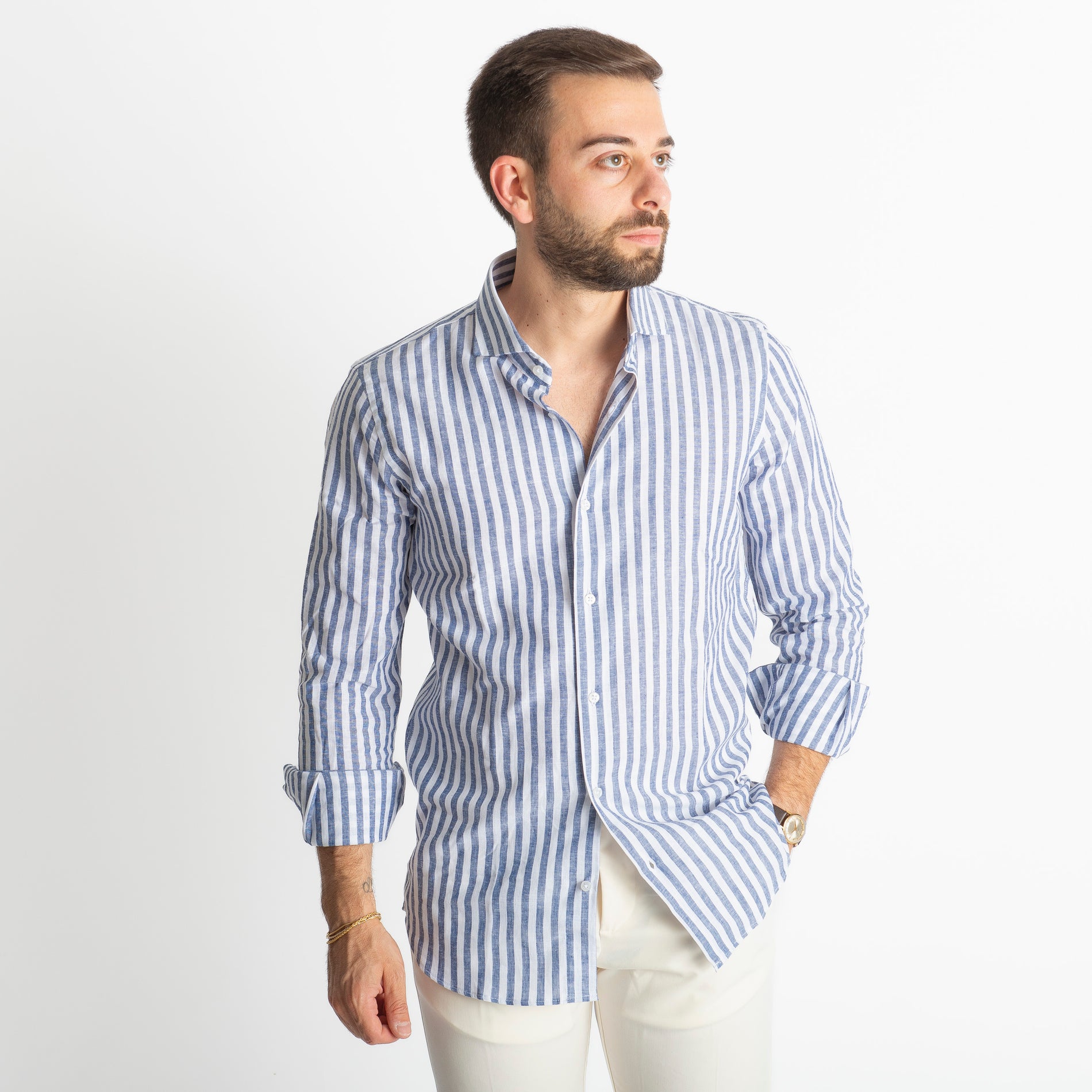 Camicia Uomo Lino Rigata 02 Blu Notte